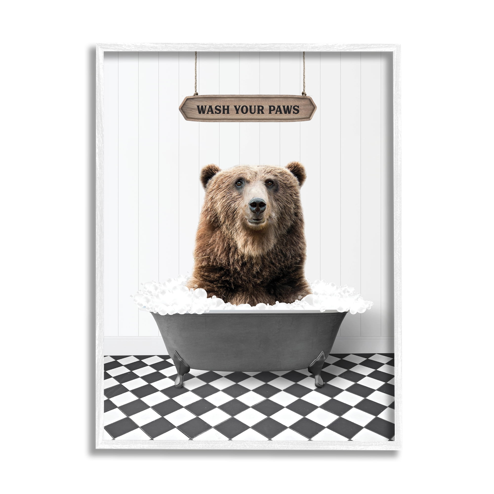 White Framed Bear in Bathtub Animal Print Wall Art, 11 x 14