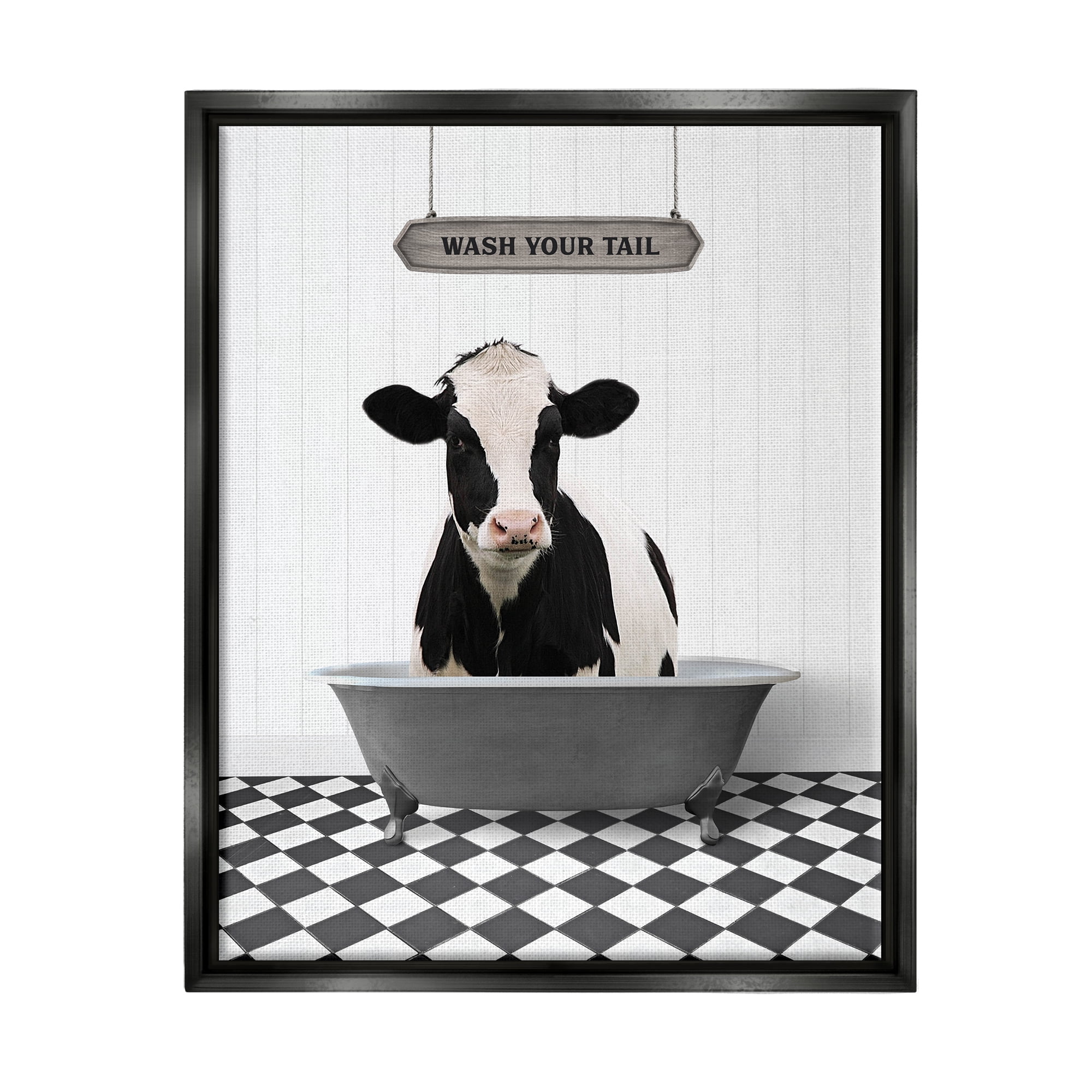 Stupell Industries Wash Your Tail Bathroom Animals & Insects Painting Black Floater Framed Art Print Wall Art, 17 x 21