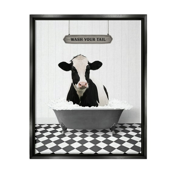 Stupell Industries Wash Your Tail Cow Animals & Insects Painting Black Floater Framed Art Print Wall Art, 17 x 21