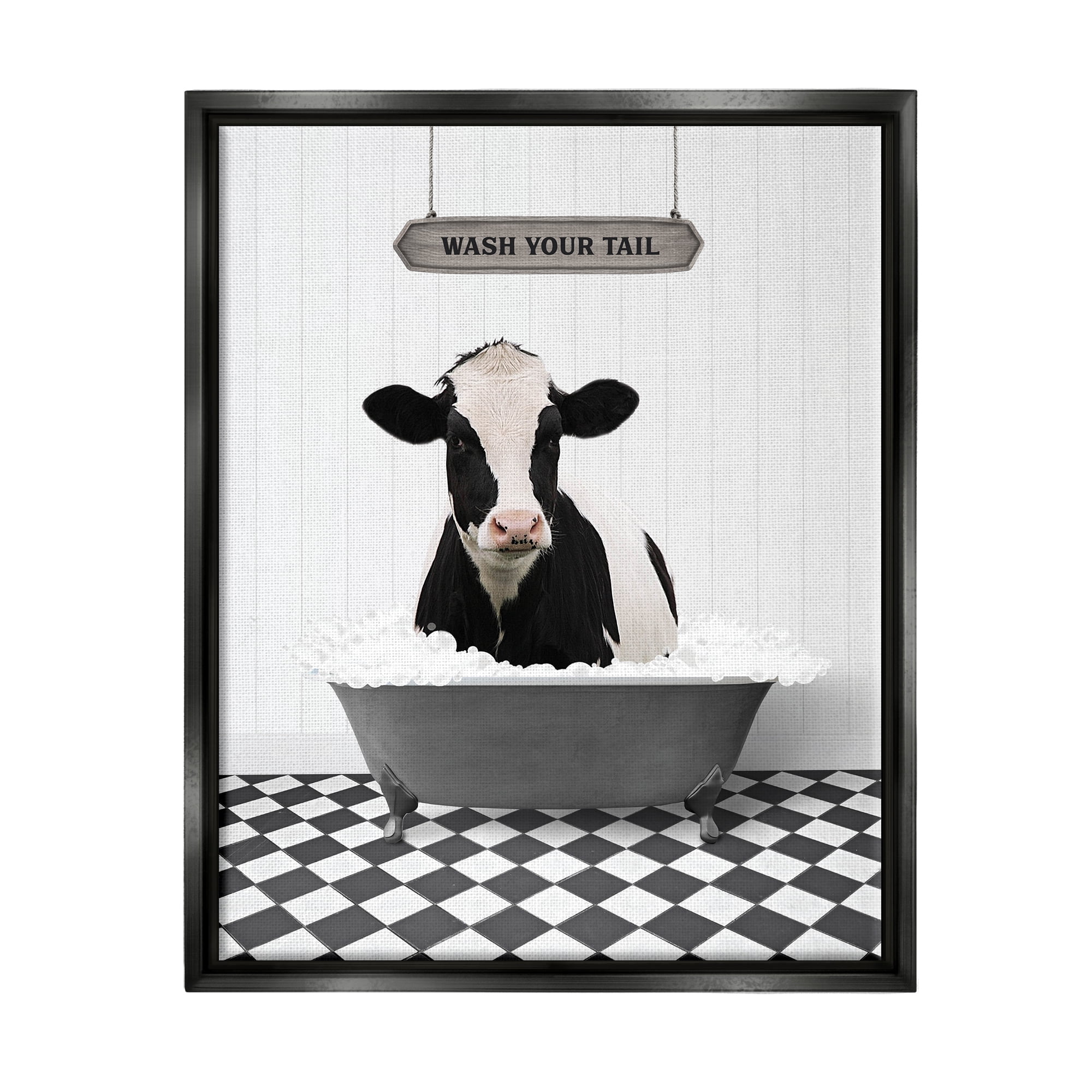 Stupell Industries Wash Your Tail Cow Animals & Insects Painting Black Floater Framed Art Print Wall Art, 25 x 31
