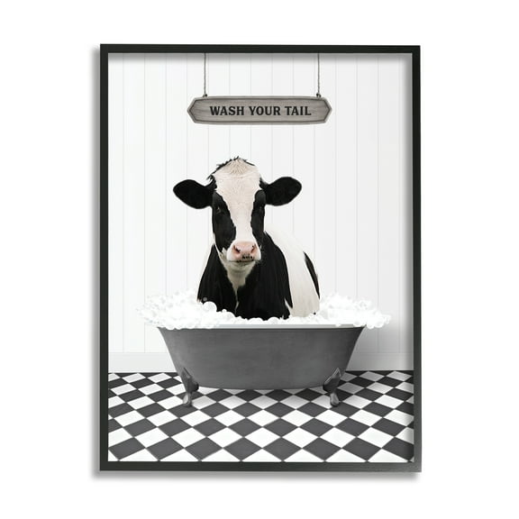 Stupell Industries Wash Your Tail Cow Animals & Insects Painting Black Framed Art Print Wall Art, 11 x 14