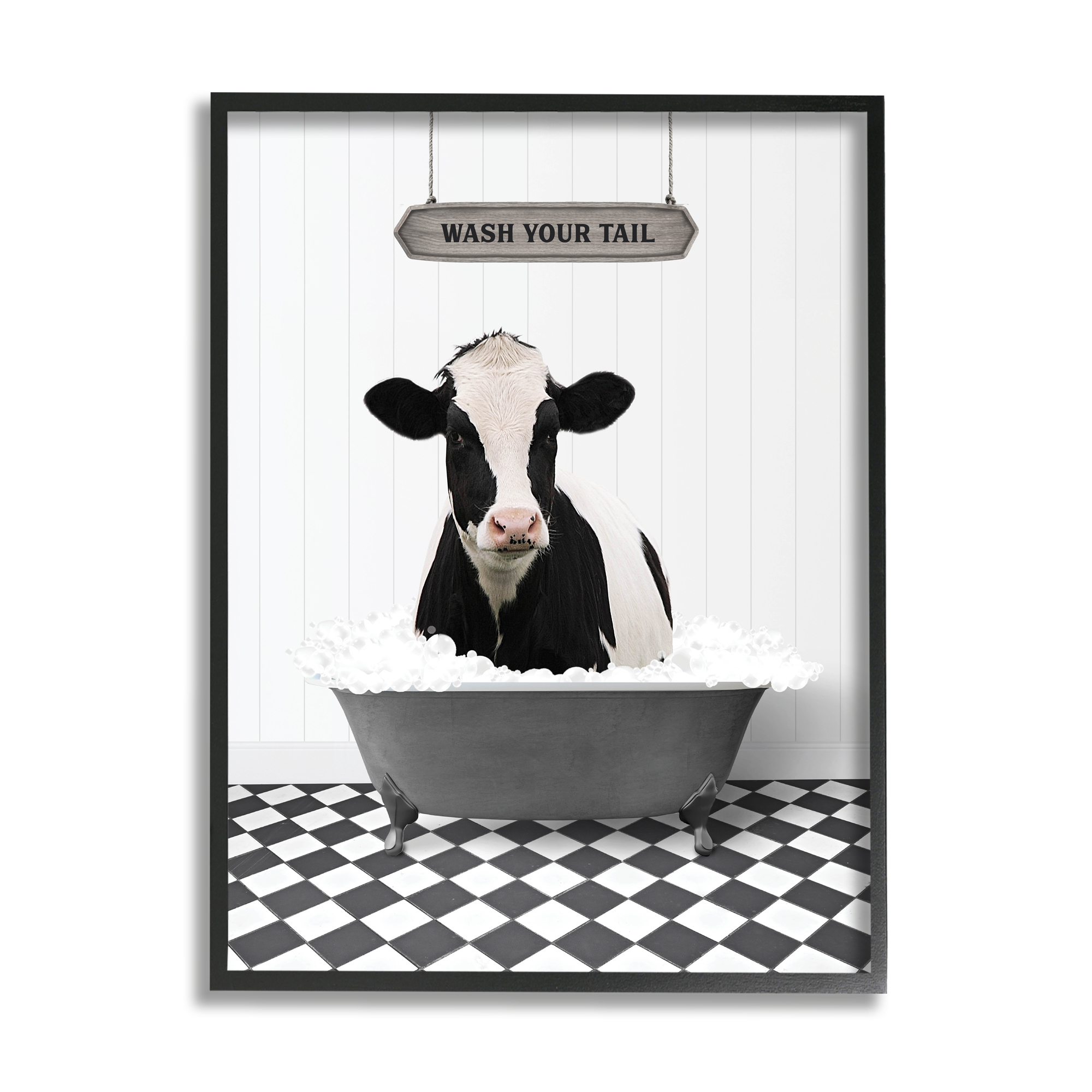 Stupell Industries Wash Your Tail Cow Animals & Insects Painting Black Framed Art Print Wall Art, 16 x 20