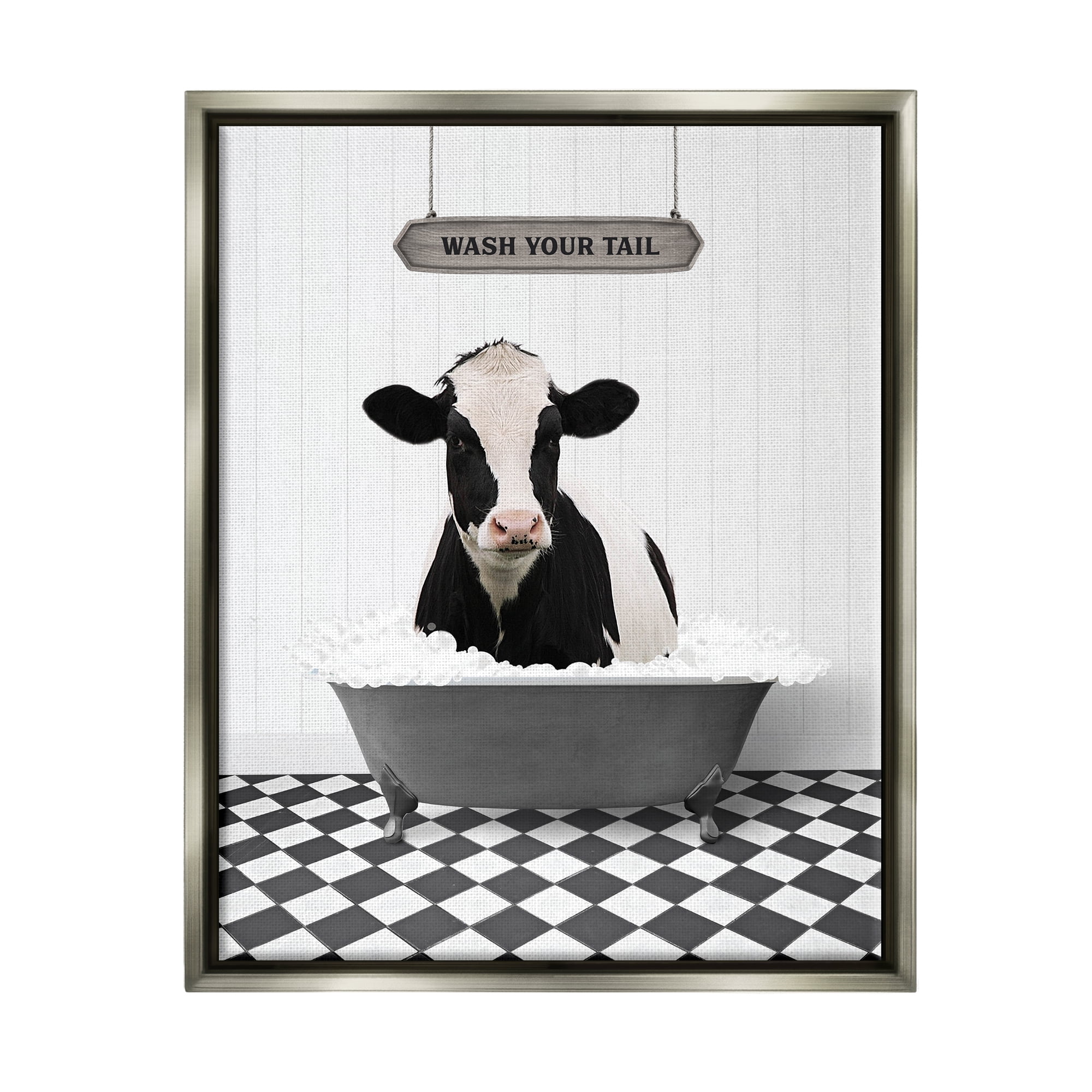 Stupell Industries Wash Your Tail Cow Animals & Insects Painting Gray Floater Framed Art Print Wall Art, 17 x 21