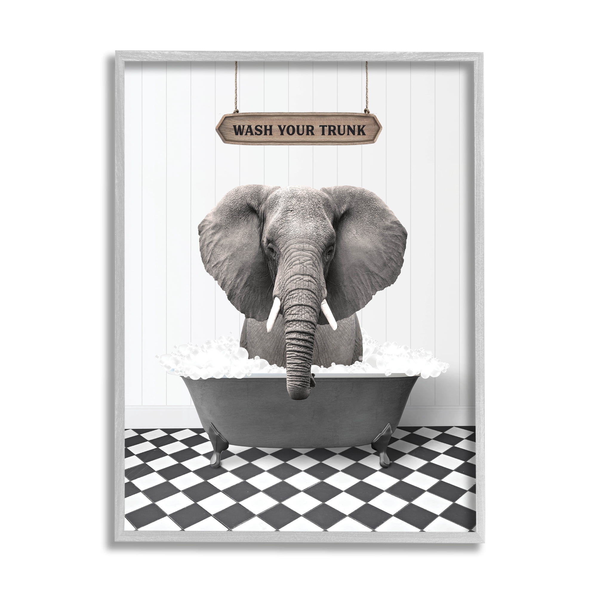 Stupell Industries Wash Your Trunk Bathroom Animals & Insects Painting Gray Framed Art Print Wall Art, 16 x 20