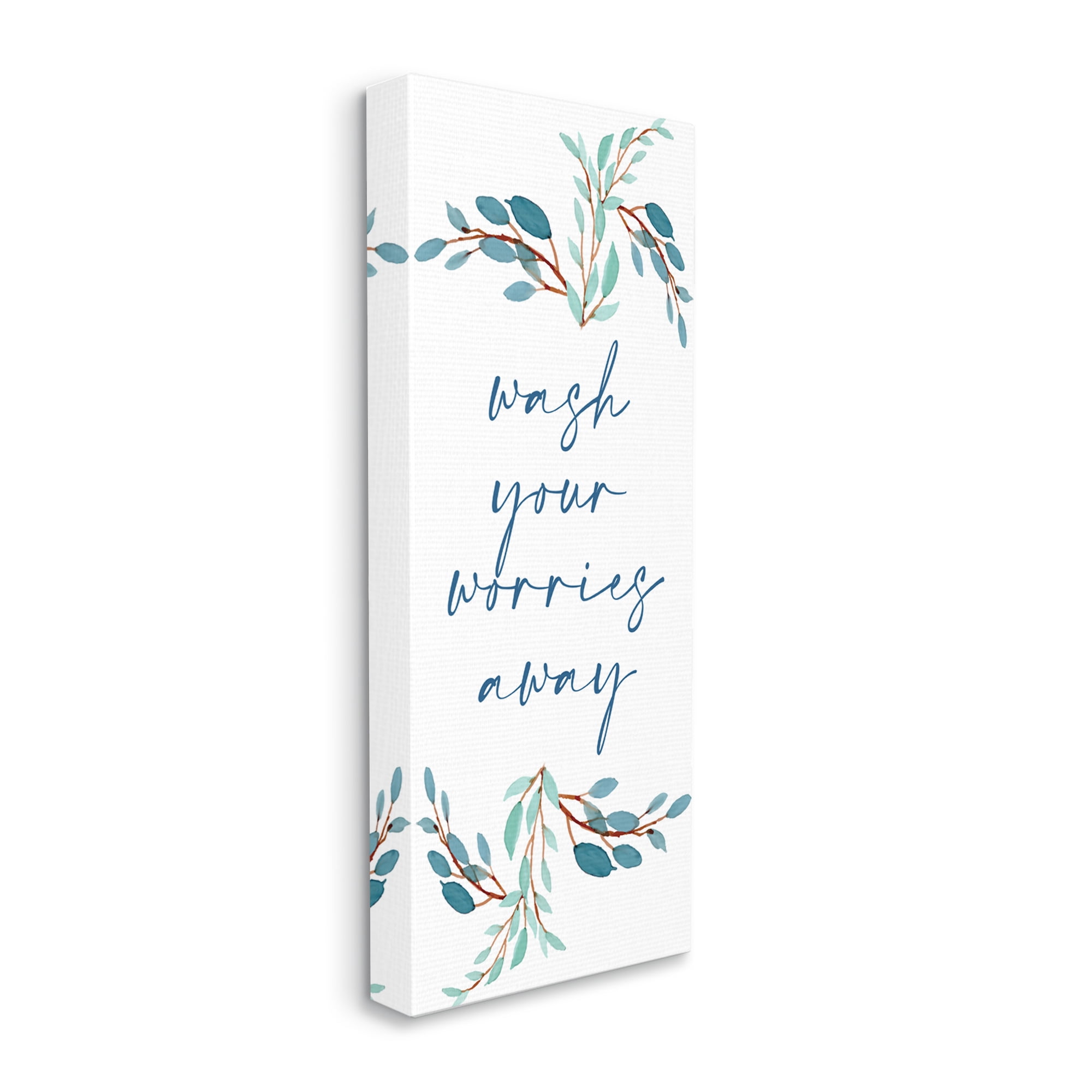 Stupell Industries Wash Your Worries Away Bathroom Phrase Blue Plants, 10 x 24, Designed by Kim Allen