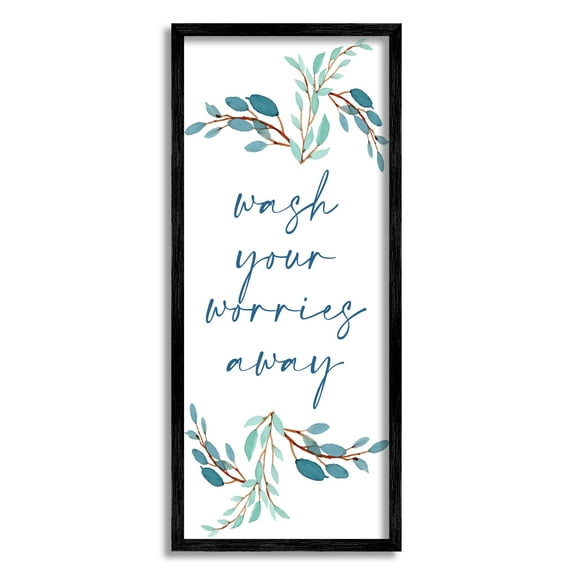 Stupell Industries Wash Your Worries Away Bathroom Phrase Blue Plants Country Painting Black Framed Art Print Wall Art, 13 x 30, Design by Kim Allen