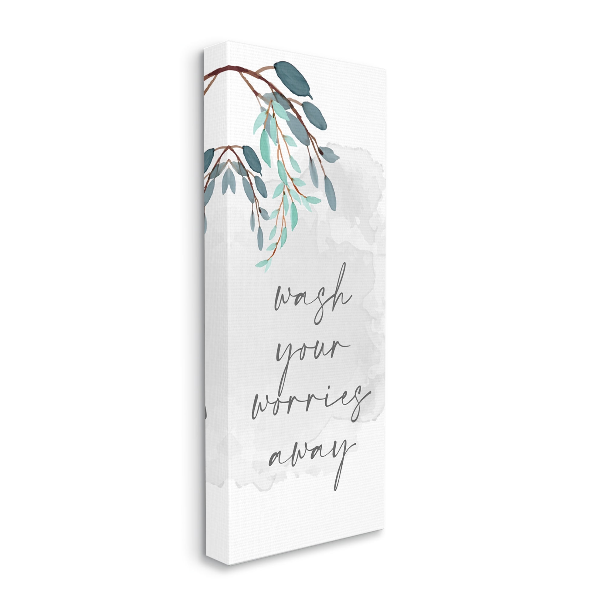 Stupell Industries Wash Your Worries Away Bathroom Phrase Blue Tree Branches, 10 x 24, Designed by Kim Allen
