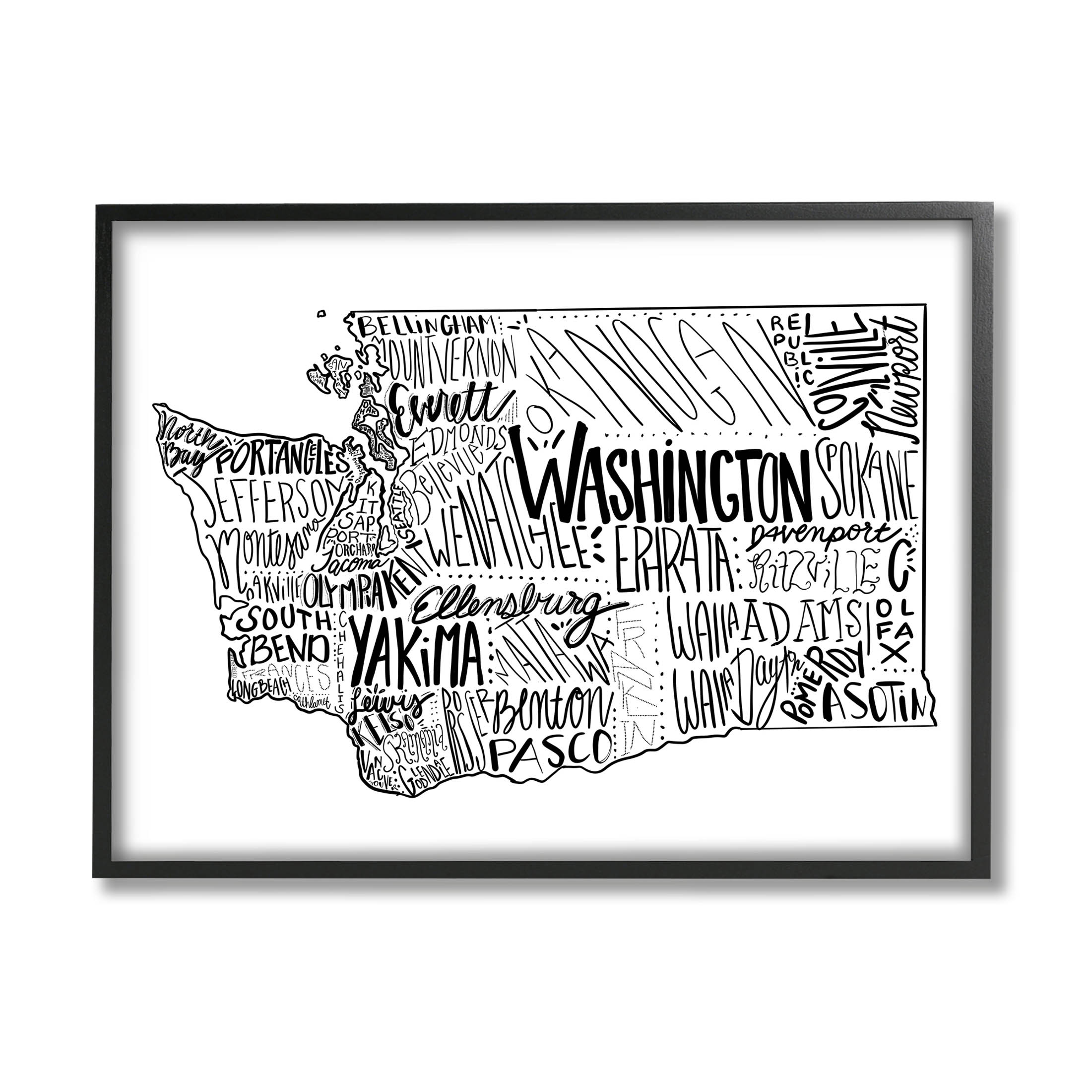 Stupell Industries Washington State Cities Text Graphic Art Black Framed Art Print Wall Art, Design by The Saturday Evening Post