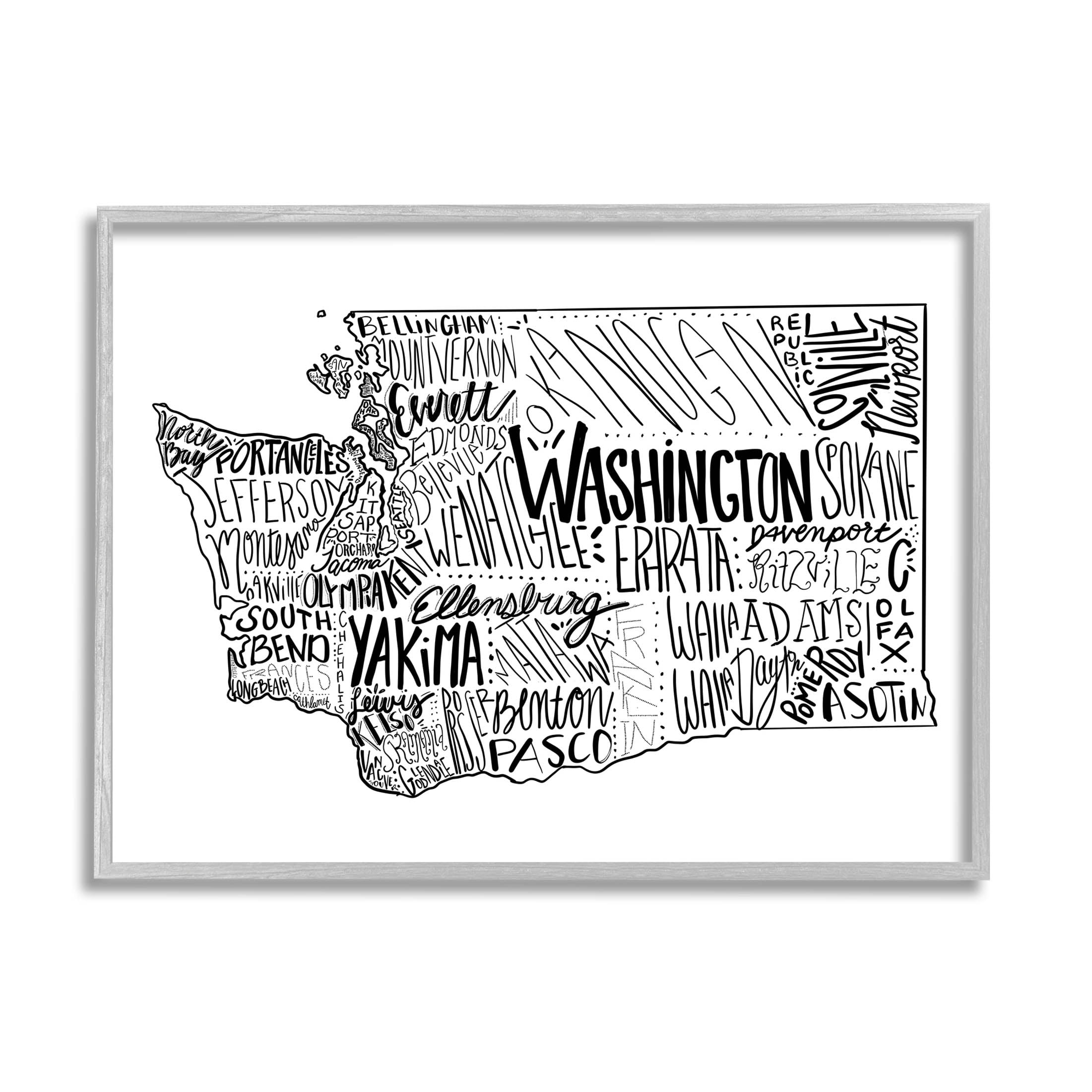Stupell Industries Washington State Cities Text Graphic Art Gray Framed Art Print Wall Art, Design by The Saturday Evening Post