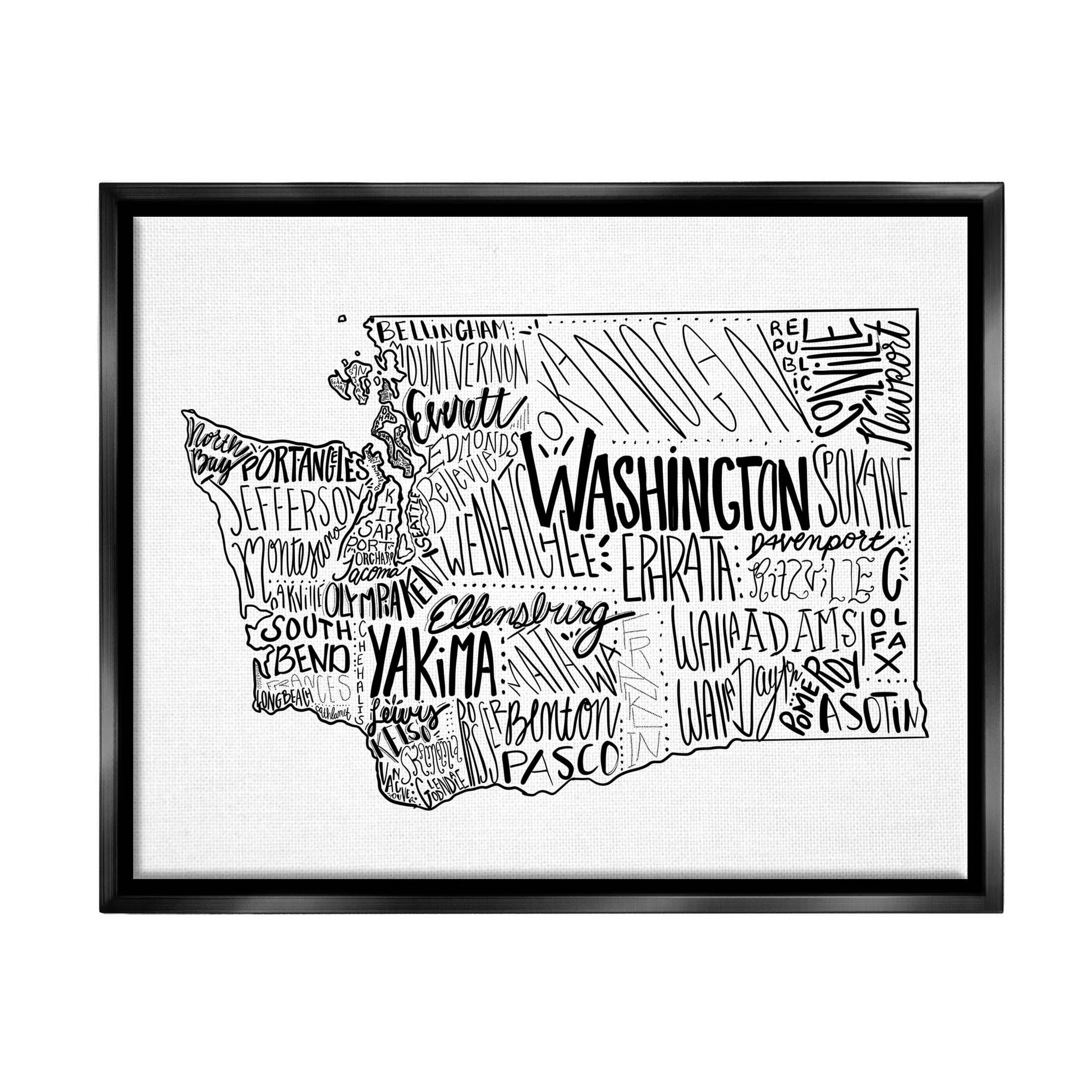 Stupell Industries Washington State Cities Text Graphic Art Jet Black Floating Framed Canvas Print Wall Art, Design by The Saturday Evening Post