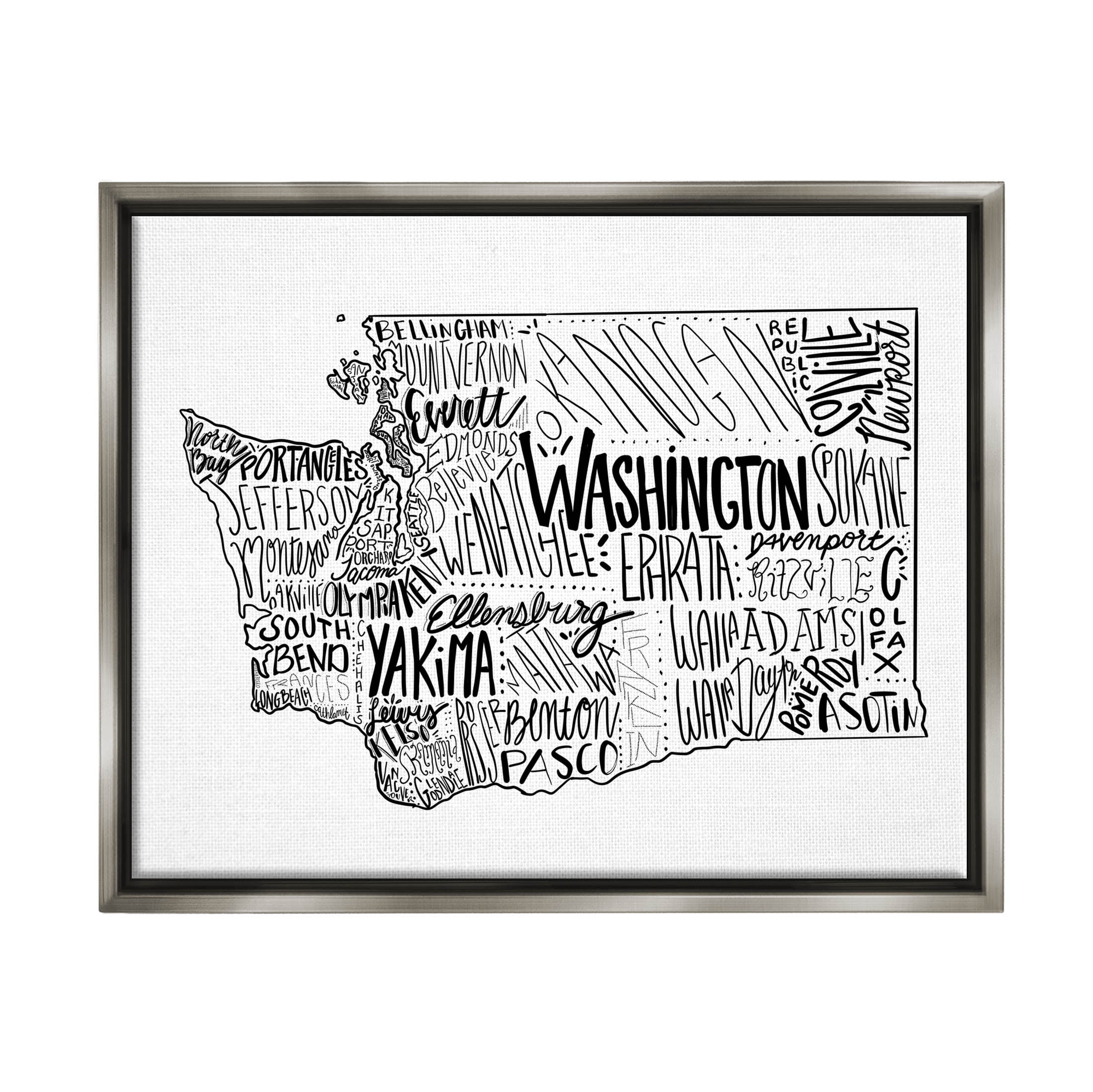 Stupell Industries Washington State Cities Text Graphic Art Luster Gray Floating Framed Canvas Print Wall Art, Design by The Saturday Evening Post