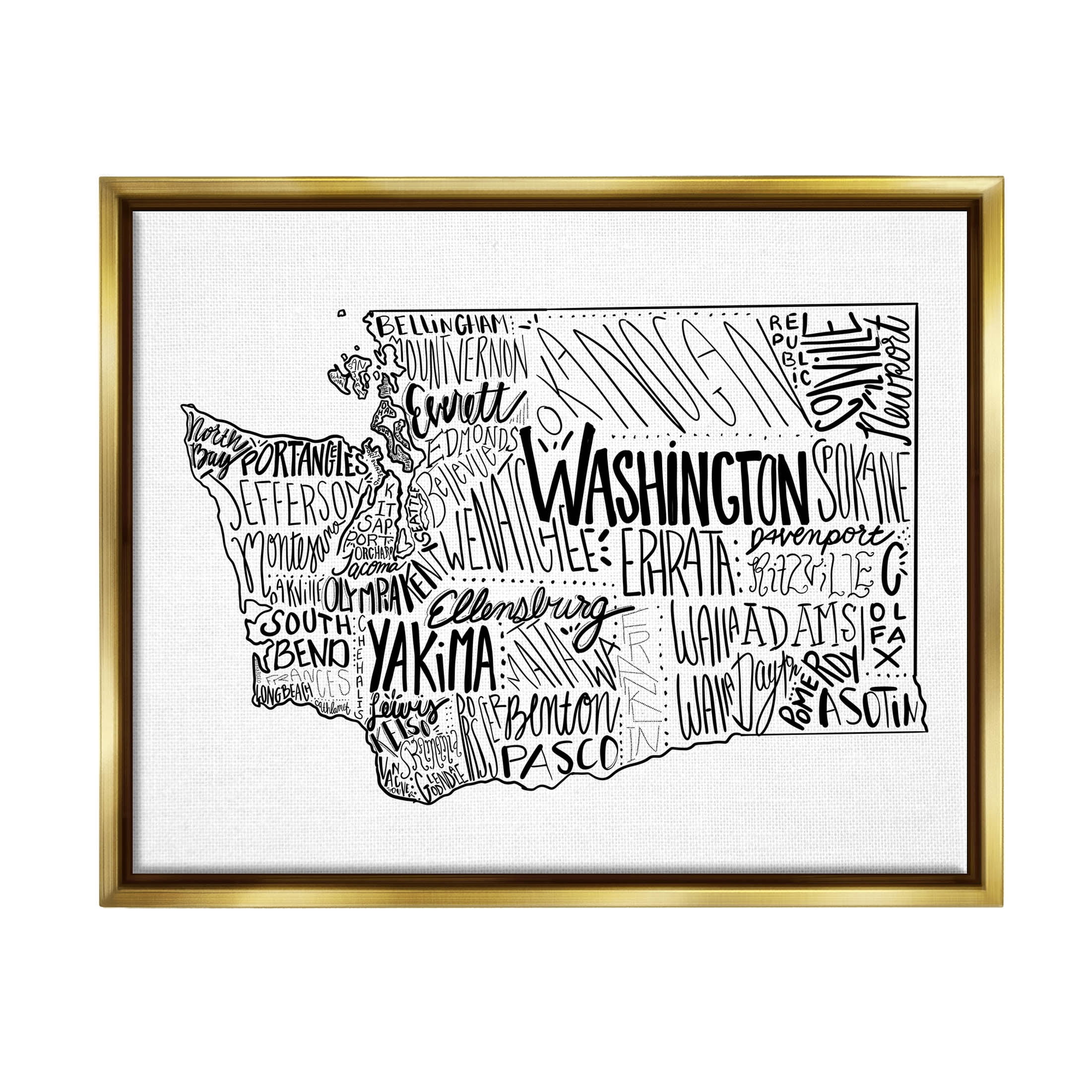 Stupell Industries Washington State Cities Text Graphic Art Metallic Gold Floating Framed Canvas Print Wall Art, Design by The Saturday Evening Post