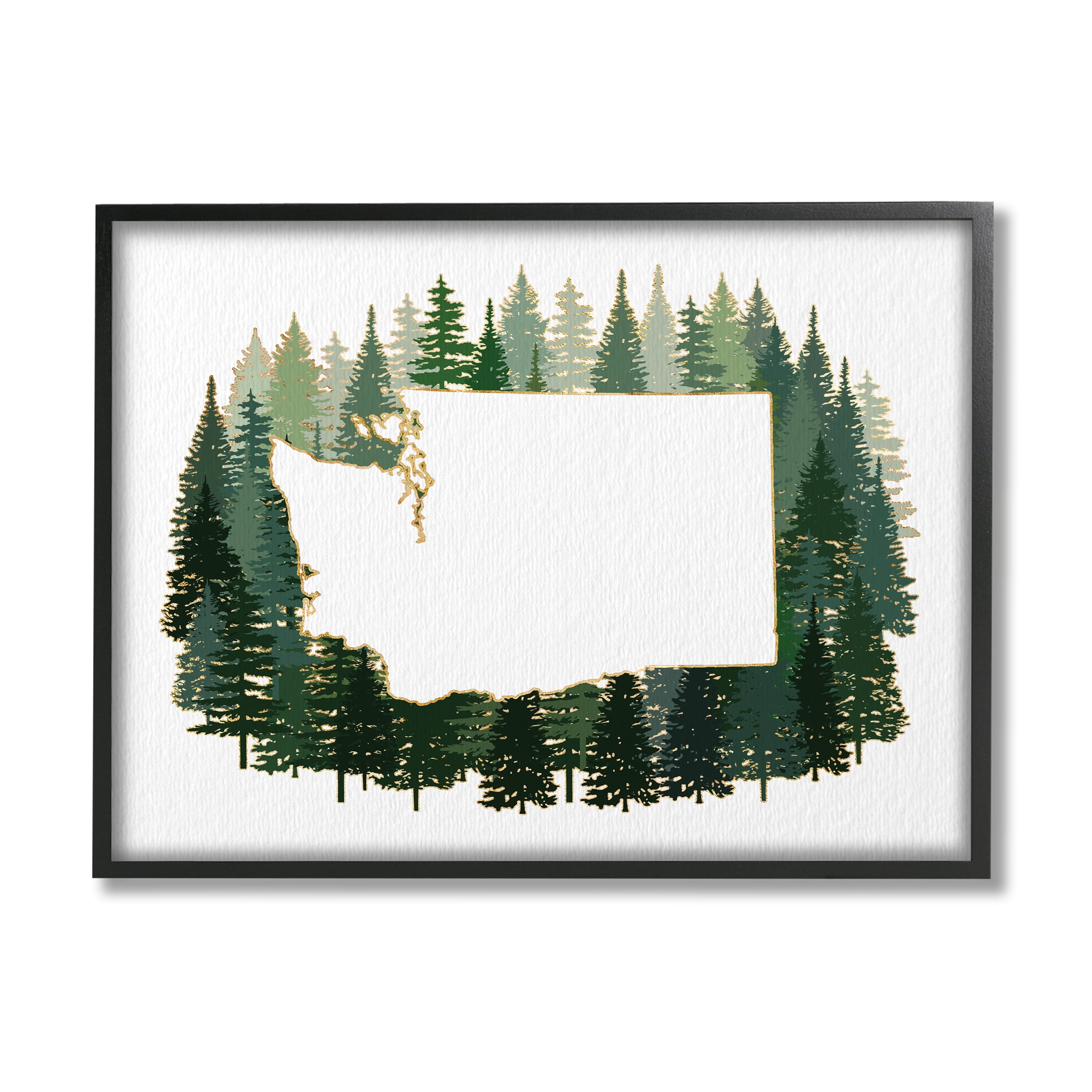 Stupell Industries Washington State Outline Pine Trees Green Forest Town & City Painting Black Framed Art Print Wall Art, 11 x 14