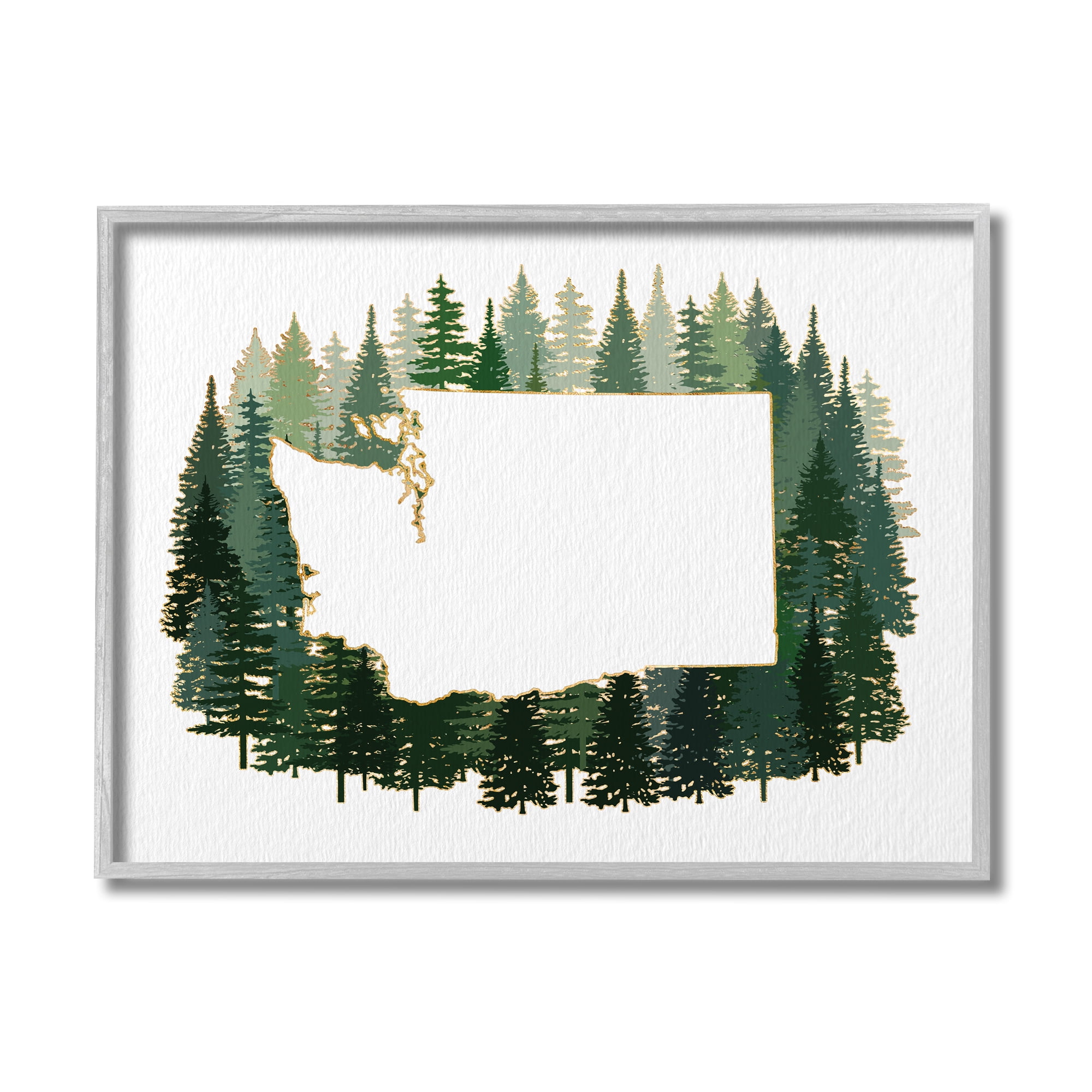 Stupell Industries Washington State Outline Pine Trees Green Forest Town & City Painting Gray Framed Art Print Wall Art, 11 x 14