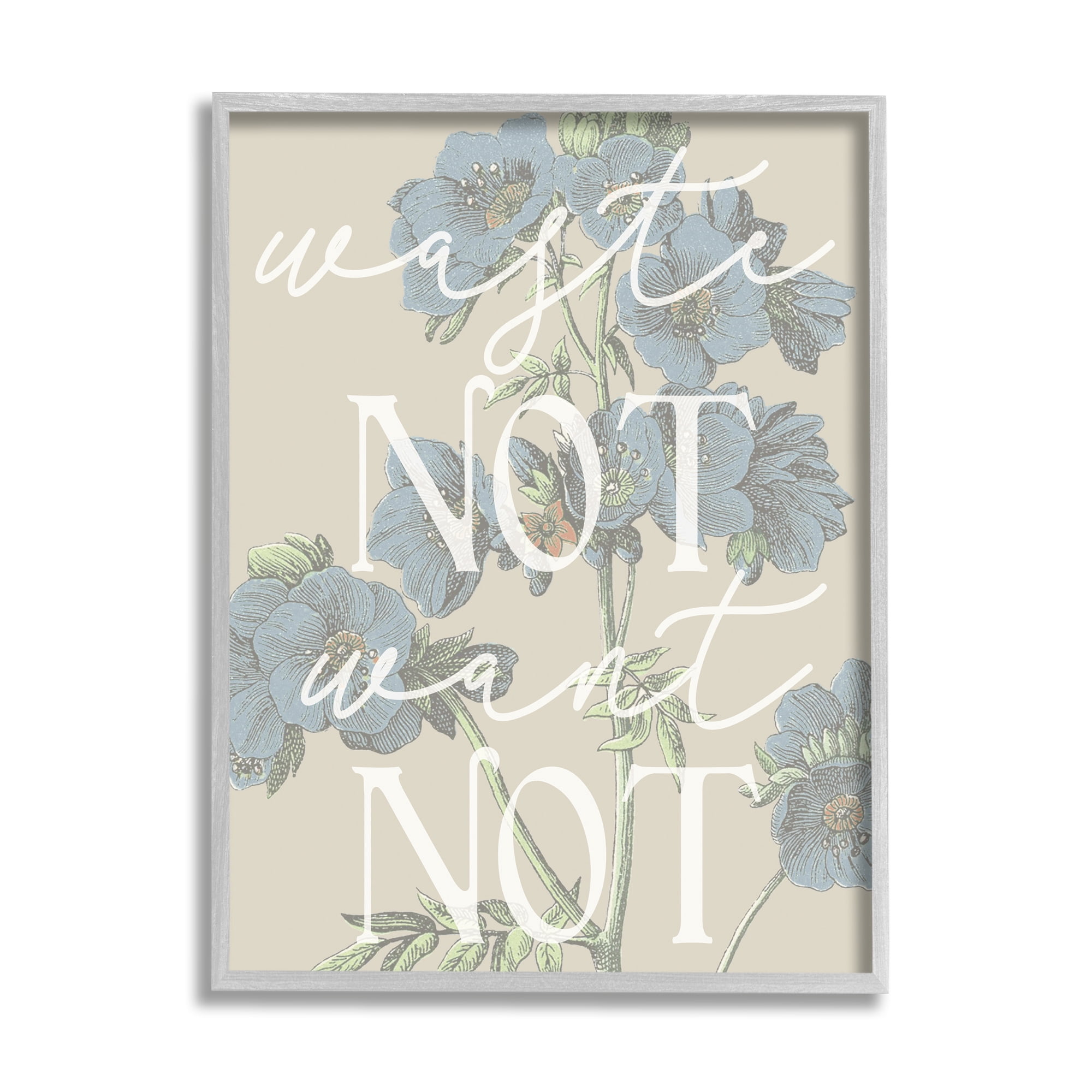 Stupell Industries Waste Not Want Not Quote Blue Botanicals Botanical & Floral Painting Gray Framed Art Print Wall Art, 16 x 20