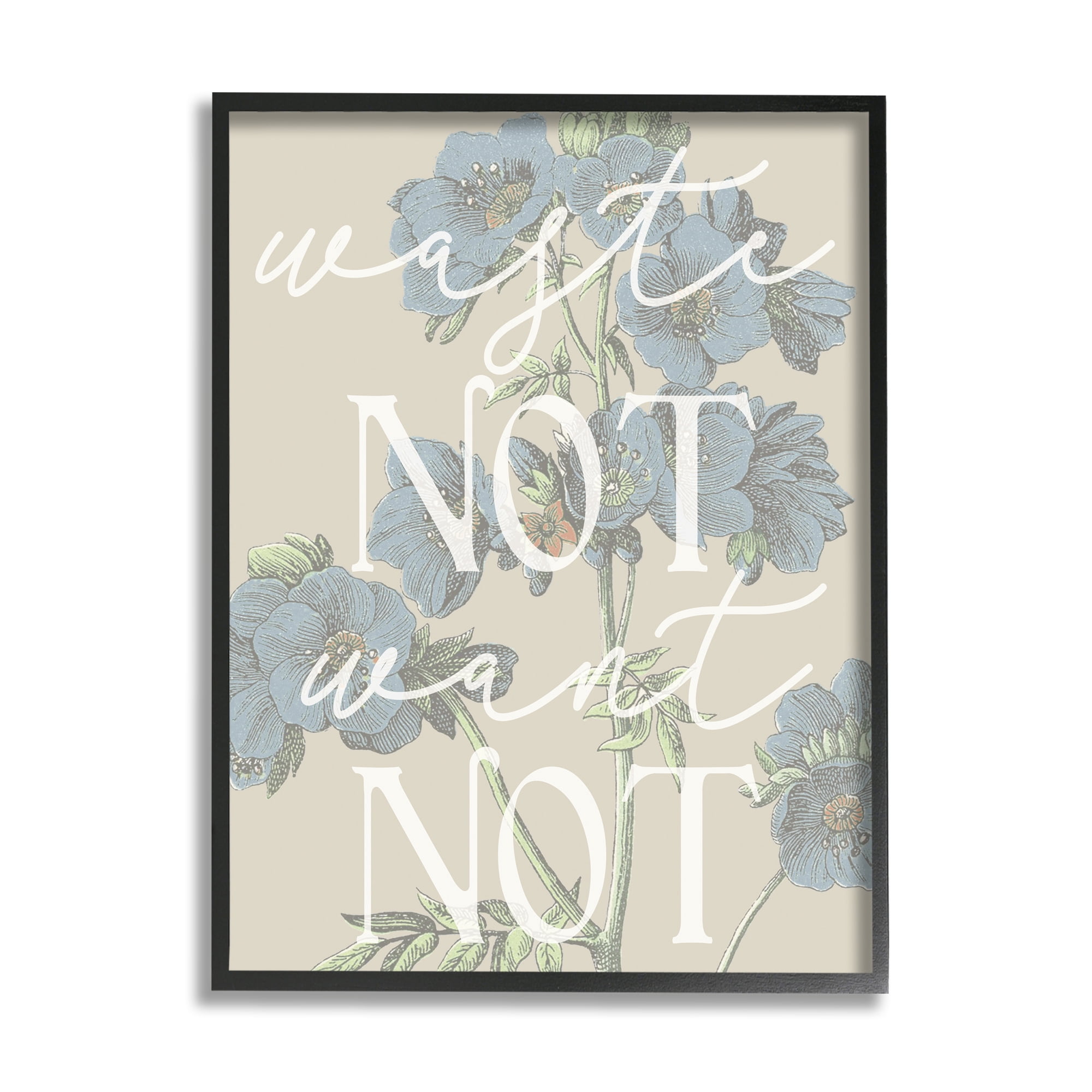 Stupell Industries Waste Not Want Not Quote Blue Botanicals Graphic Art Black Framed Art Print Wall Art, 24x30, by Daphne Polselli