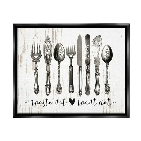 Stupell Industries Waste Not Want Not Silverware Drawing Jet Black Framed Floating Canvas Wall Art, 16x20, by Lettered and Lined