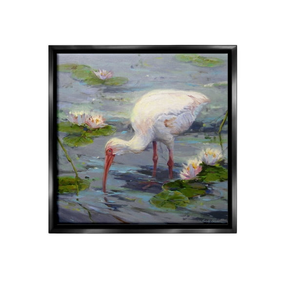 Stupell Industries Water Bird with Pond Lilies Animals & Insects Painting Black Floater Framed Canvas Art Print Wall Art, 18 x 18