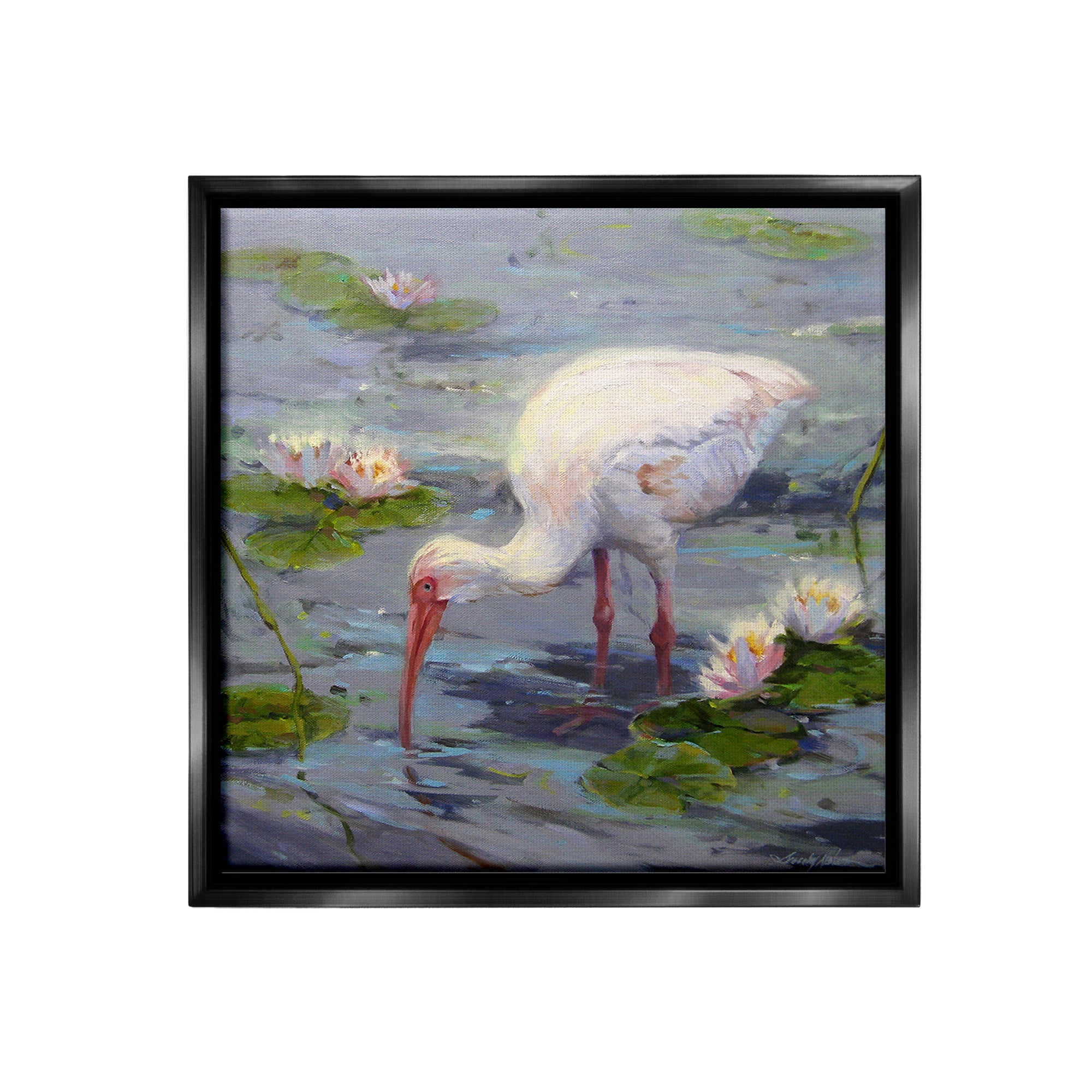 Stupell Industries Water Bird with Pond Lilies Animals & Insects Painting Black Floater Framed Canvas Art Print Wall Art, 25 x 25