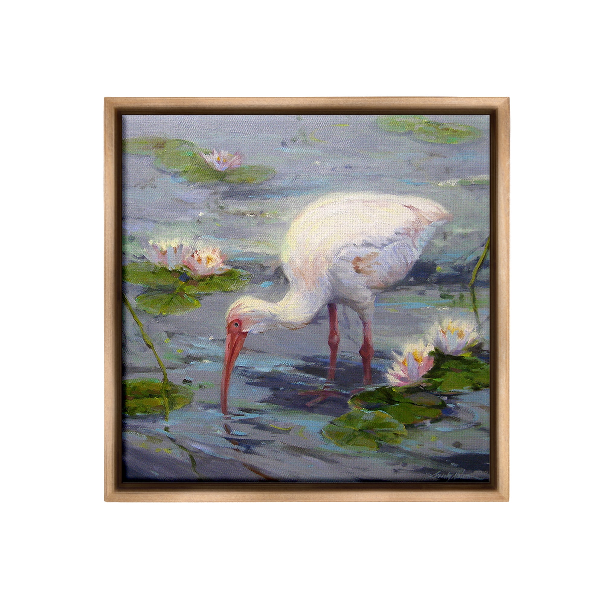 Stupell Industries Water Bird with Pond Lilies Animals & Insects Painting Brown Floater Framed Canvas Art Print Wall Art, 18 x 18