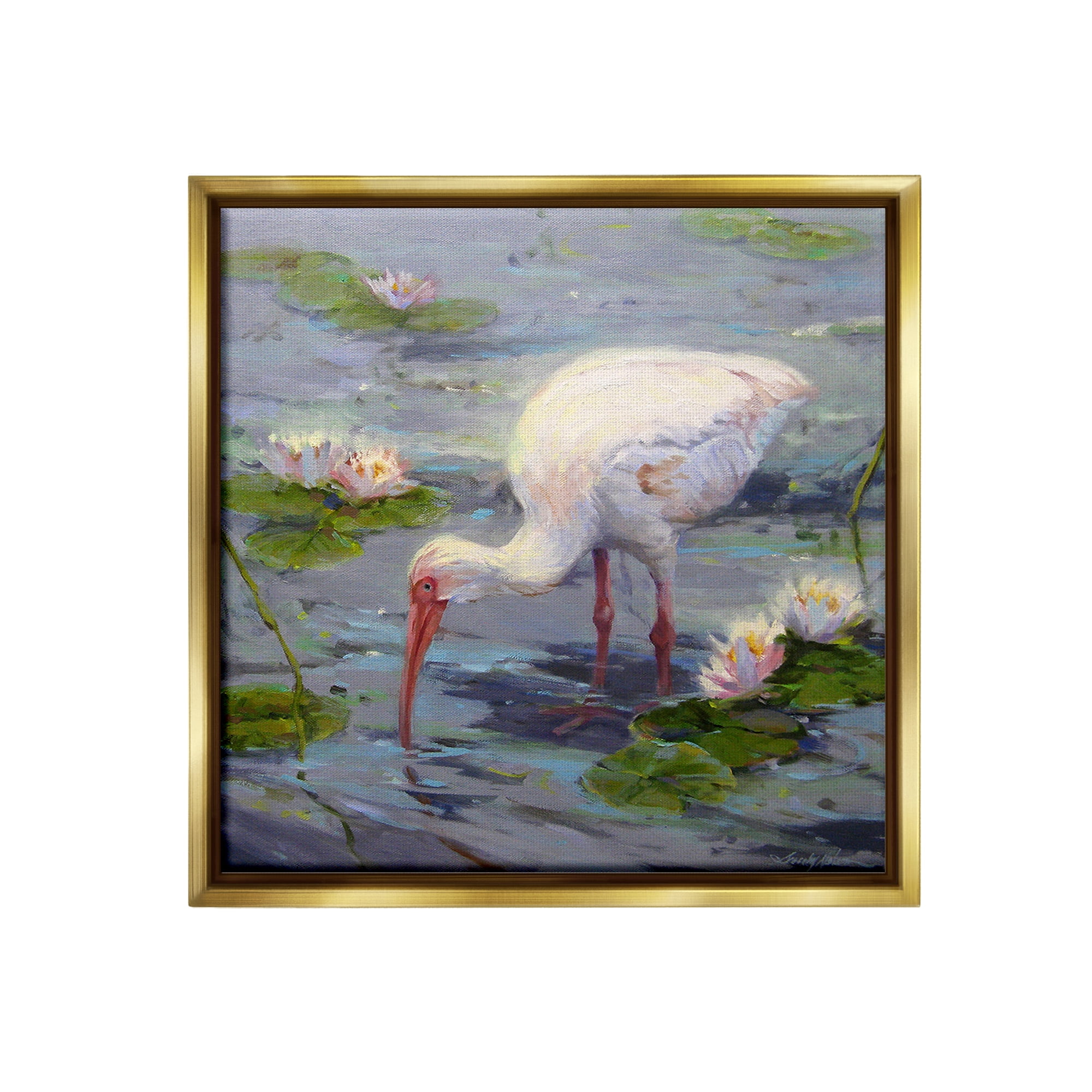 Stupell Industries Water Bird with Pond Lilies Animals & Insects Painting Gold Floater Framed Canvas Art Print Wall Art, 25 x 25