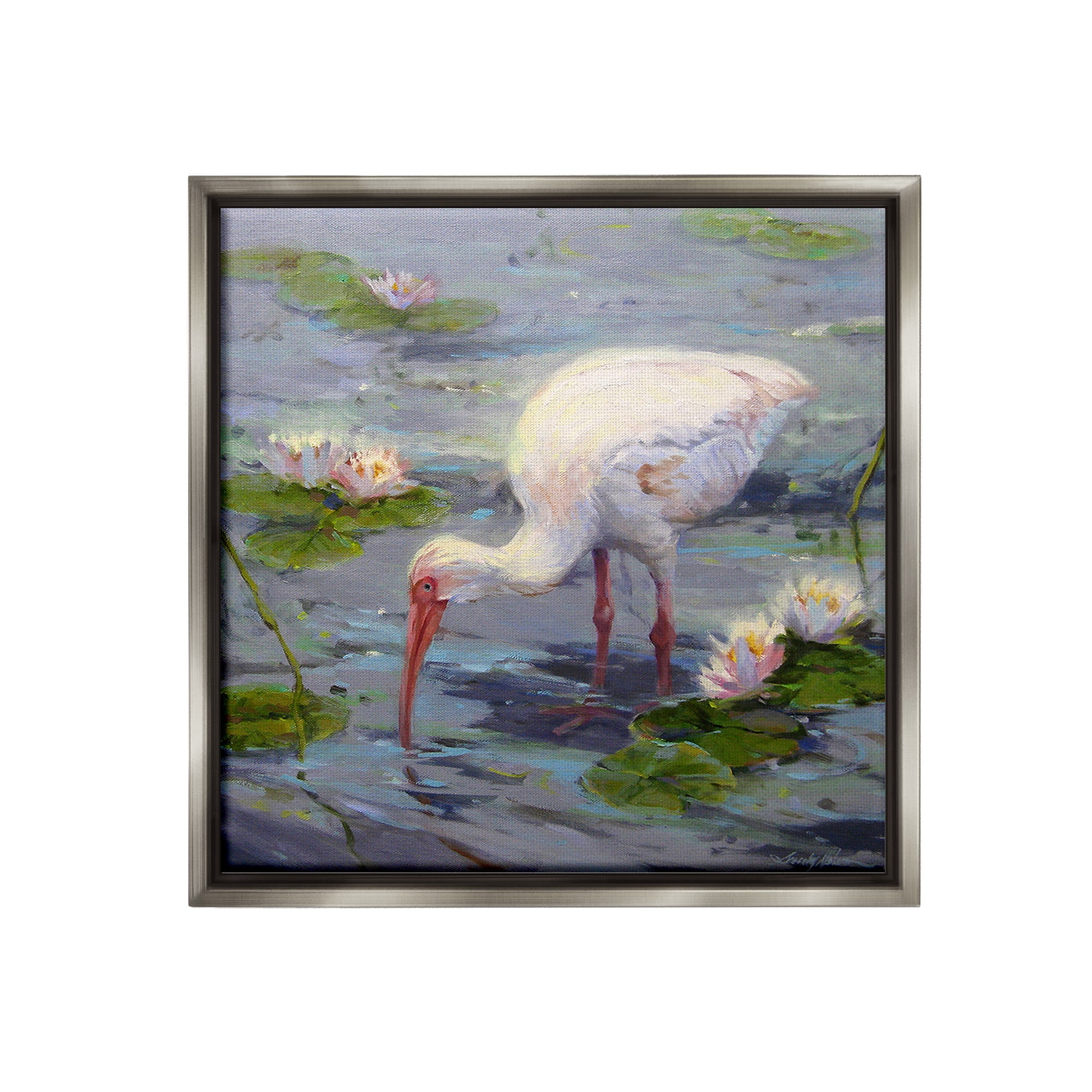 Stupell Industries Water Bird with Pond Lilies Animals & Insects Painting Gray Floater Framed Canvas Art Print Wall Art, 18 x 18