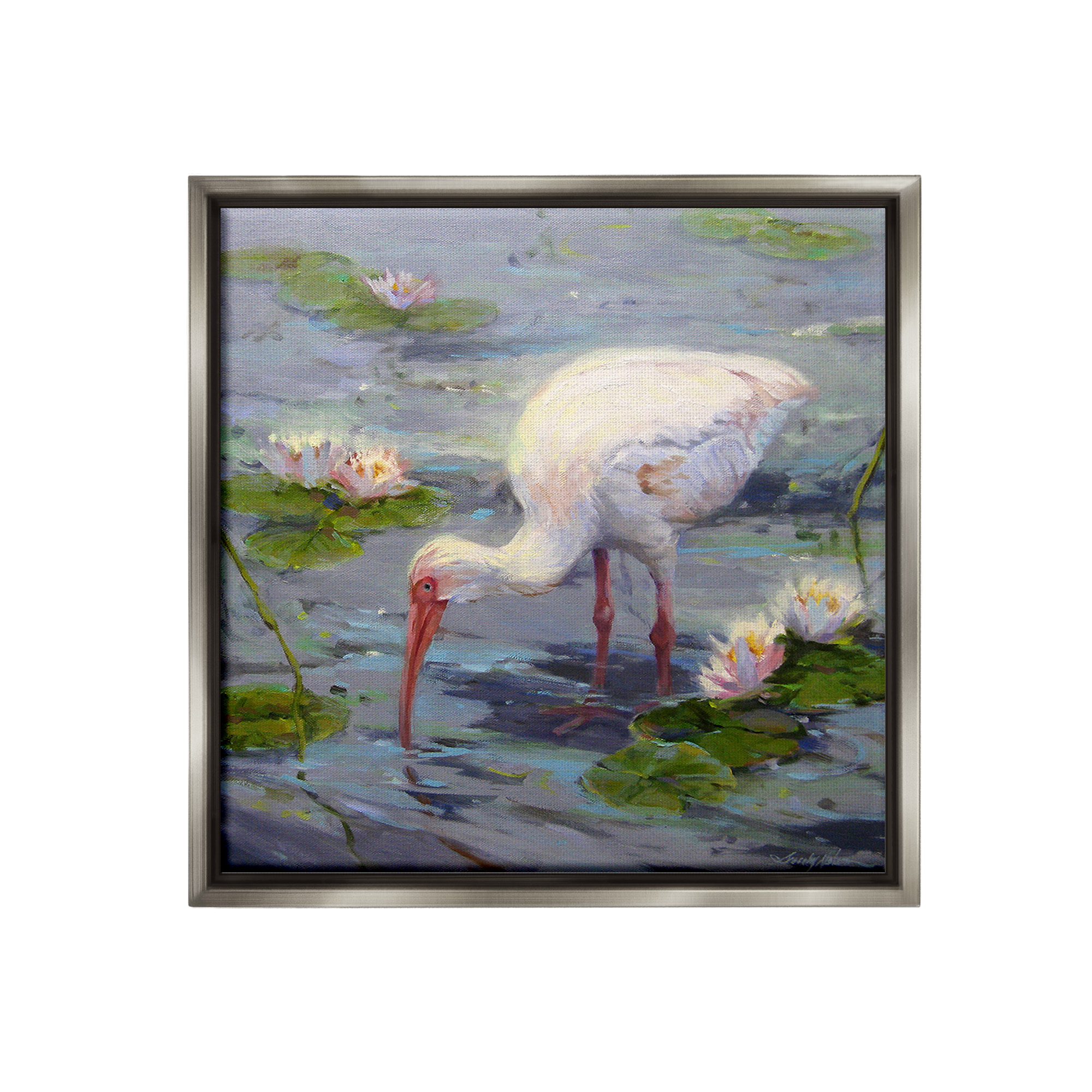 Stupell Industries Water Bird with Pond Lilies Animals & Insects Painting Gray Floater Framed Canvas Art Print Wall Art, 25 x 25