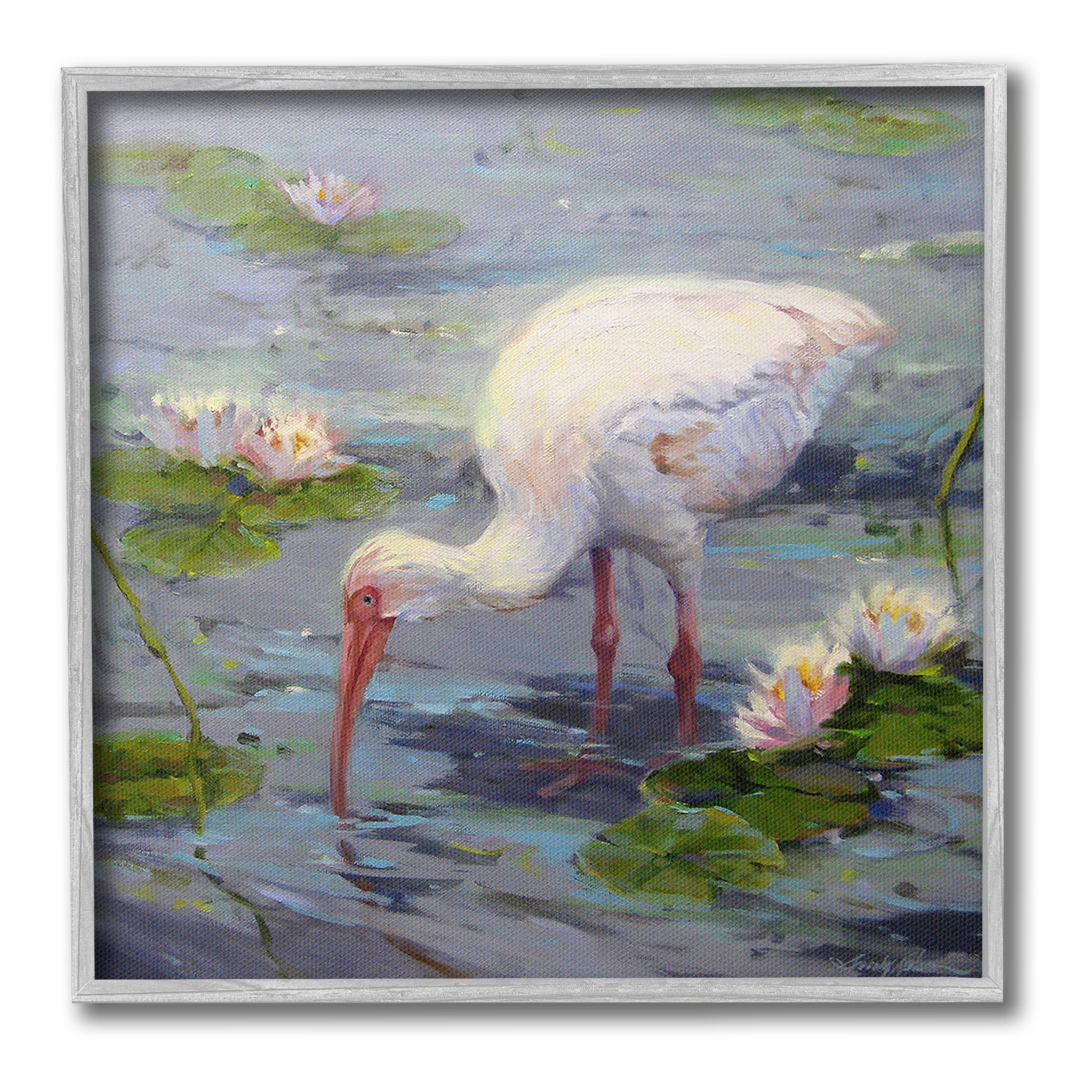 Stupell Industries Water Bird with Pond Lilies Animals & Insects Painting Gray Framed Art Print Wall Art, 24 x 24