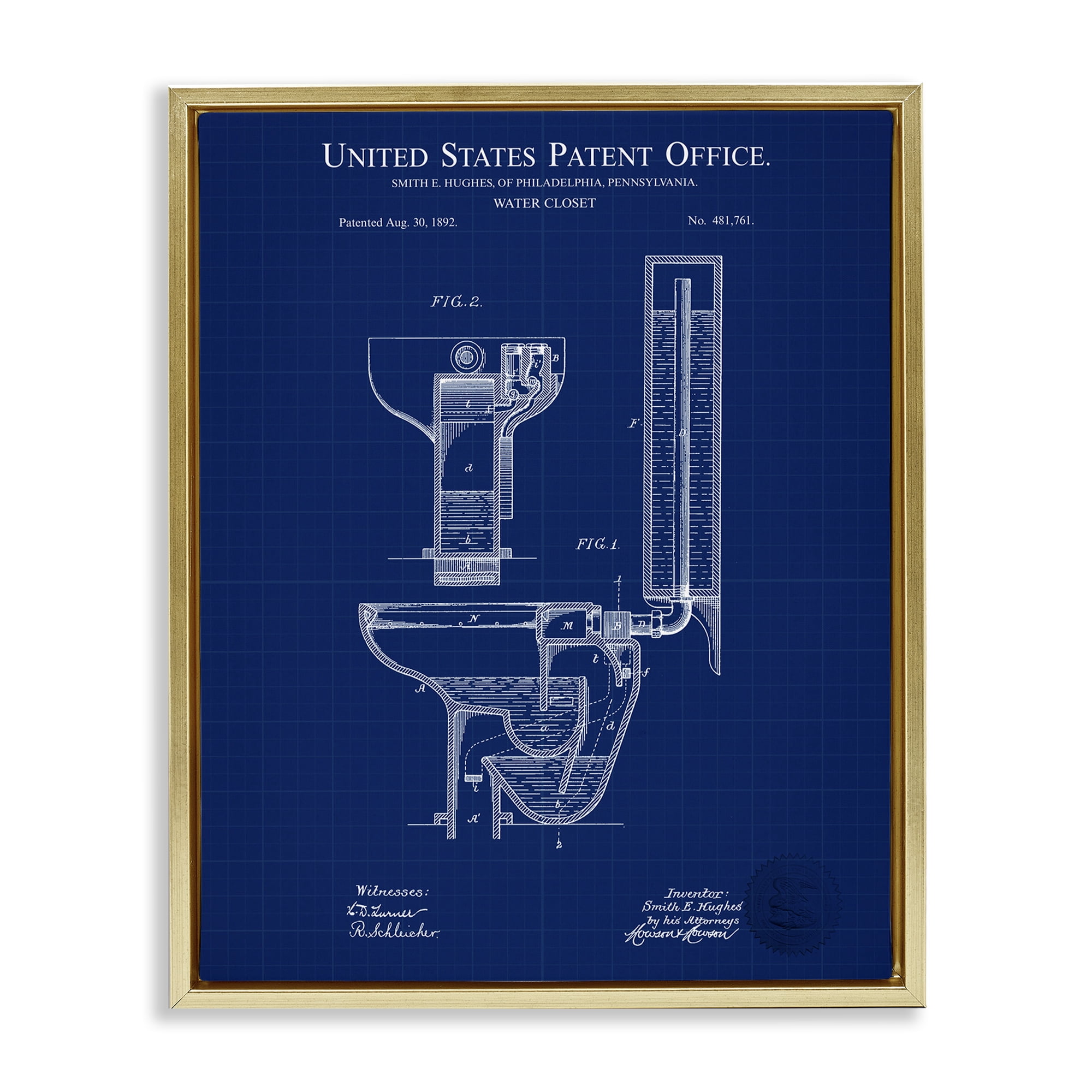 Stupell Industries Water Closet Blueprint Typography Painting Gold Floater Framed Art Print Wall Art, 17 x 21