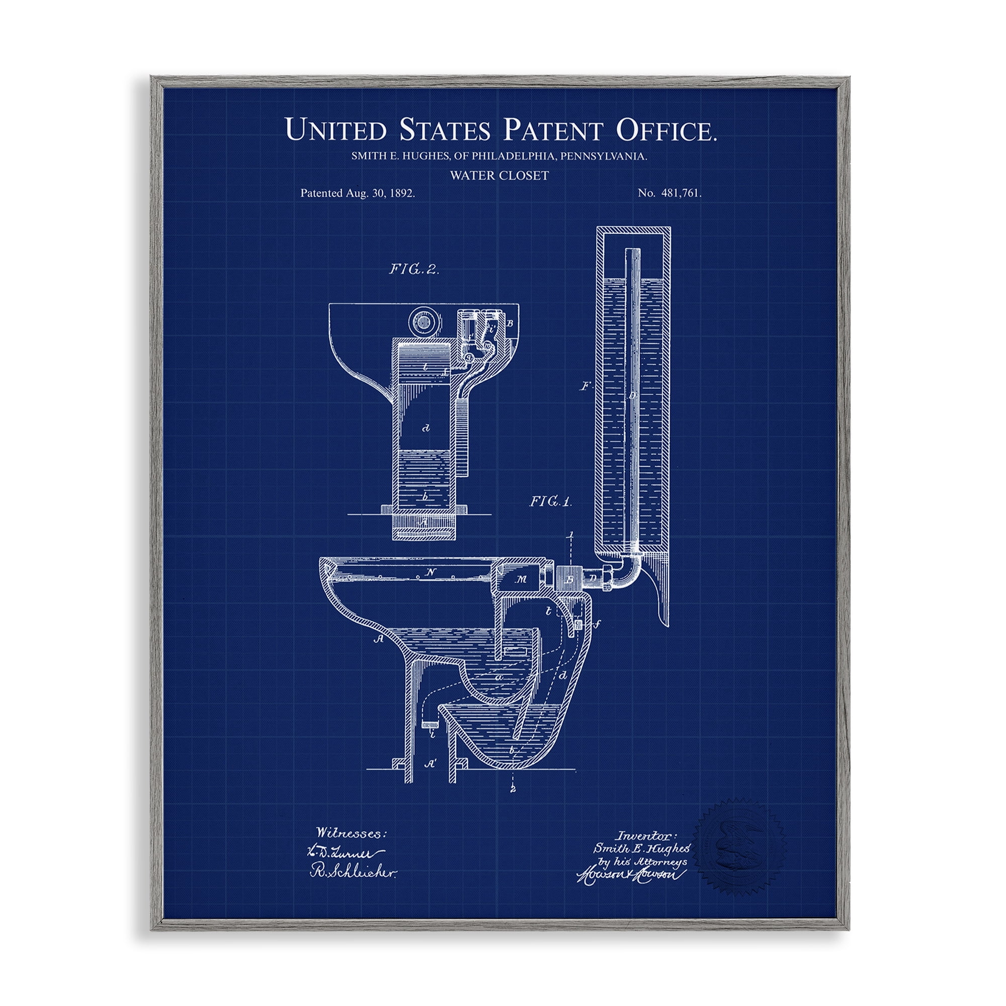 Stupell Industries Water Closet Blueprint Typography Painting Gray Framed Art Print Wall Art, 16 x 20