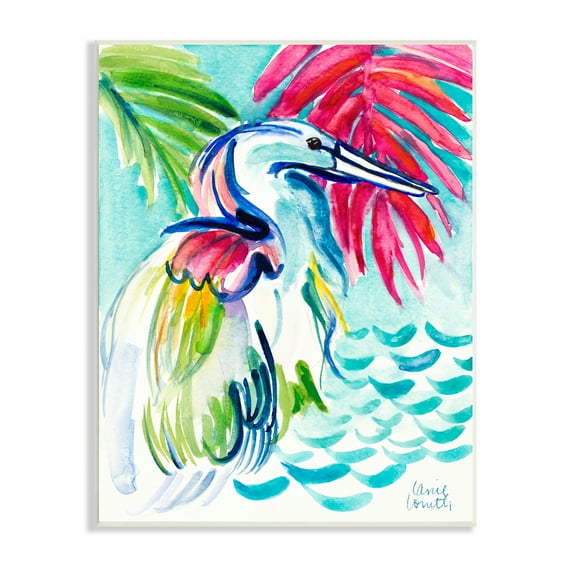 Stupell Industries Water Crane Bird Tropical Waves Vibrant Pink Palm, 13 x 19, Design by Lanie Loreth