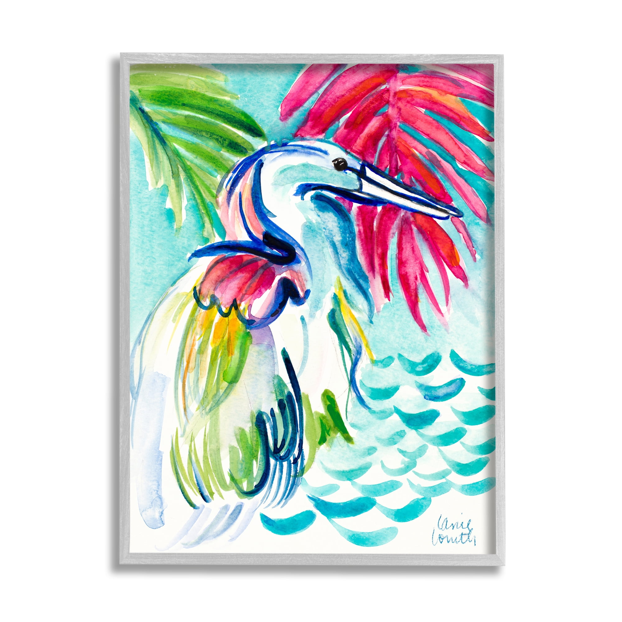 Stupell Industries Water Crane Bird Tropical Waves Vibrant Pink Palm, 24 x 30, Design by Lanie Loreth
