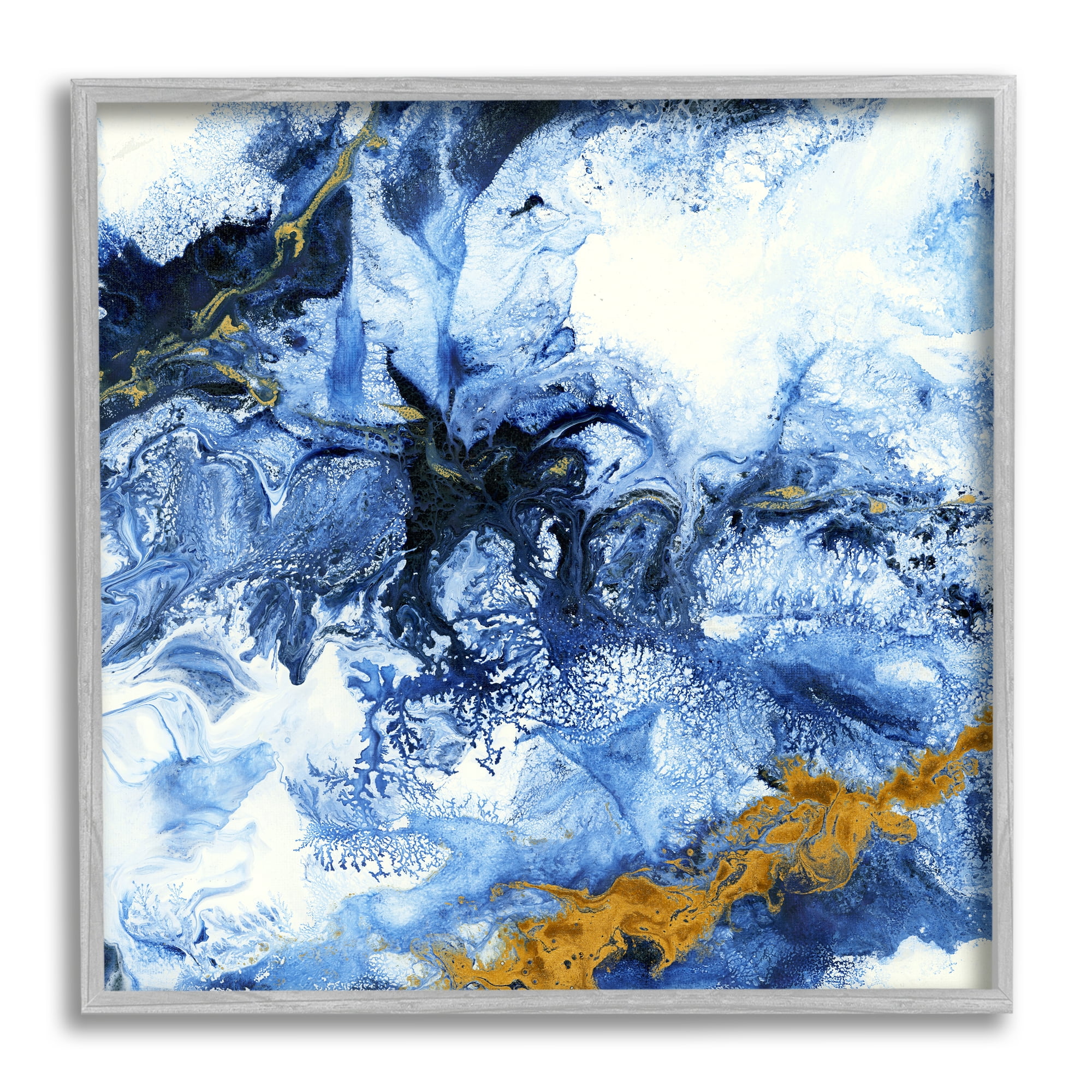 Stupell Industries Water Movement Abstraction Fluid Yellow Blue Design Abstract Painting Gray Framed Art Print Wall Art, 24 x 24