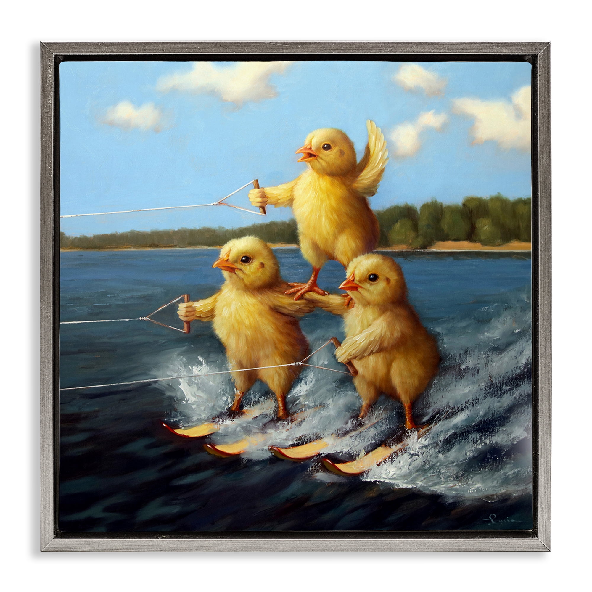 Stupell Industries Water Skiing Chicks Coastal Painting Gray Floater Framed Canvas Art Print Wall Art, 18 x 18