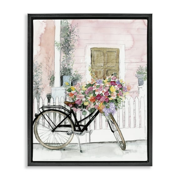 Stupell Industries Watercolor Bicycle Bouquet Botanical & Floral Painting Black Floater Framed Art Print Wall Art, 17 x 21