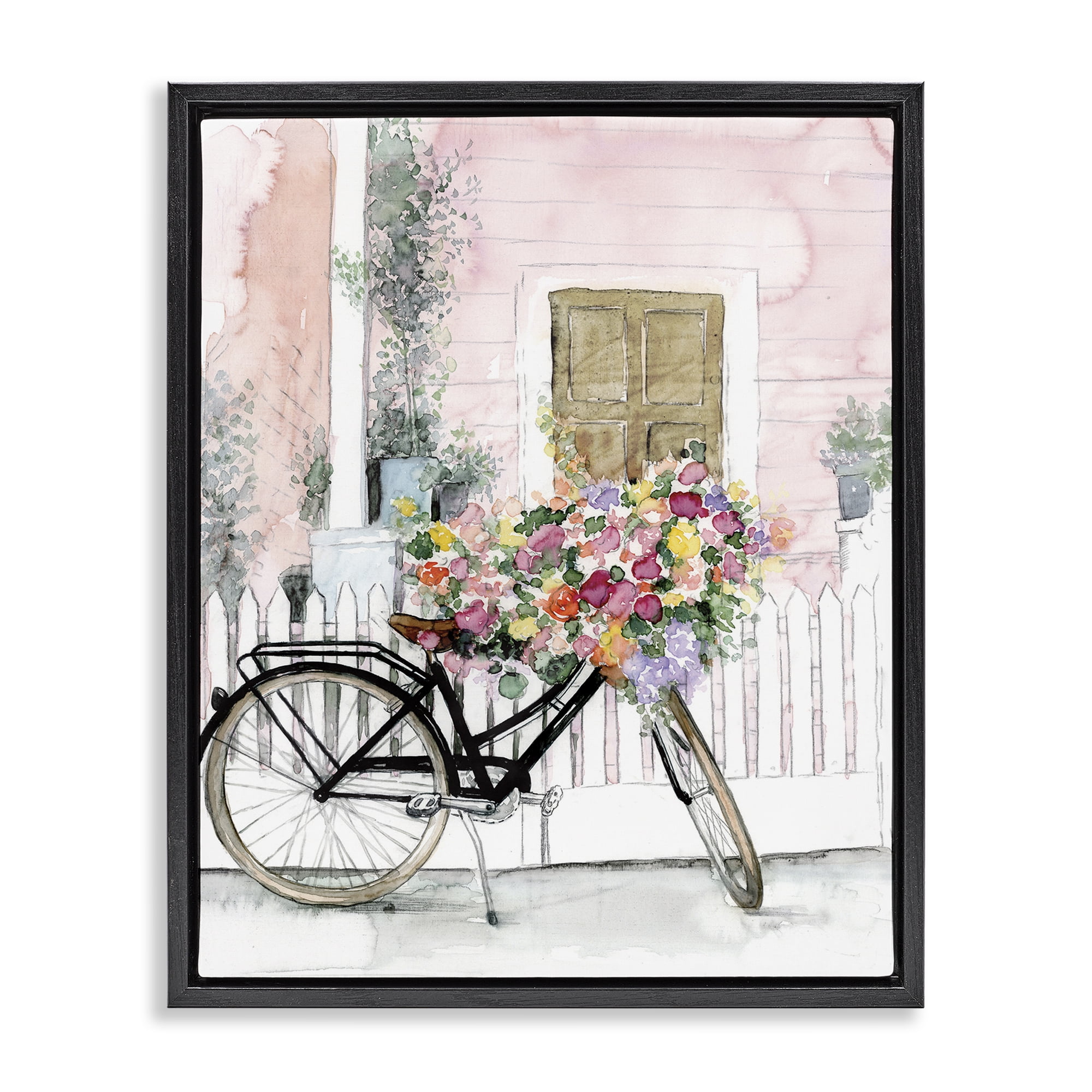 Stupell Industries Watercolor Bicycle Bouquet Botanical & Floral Painting Black Floater Framed Art Print Wall Art, 25 x 31