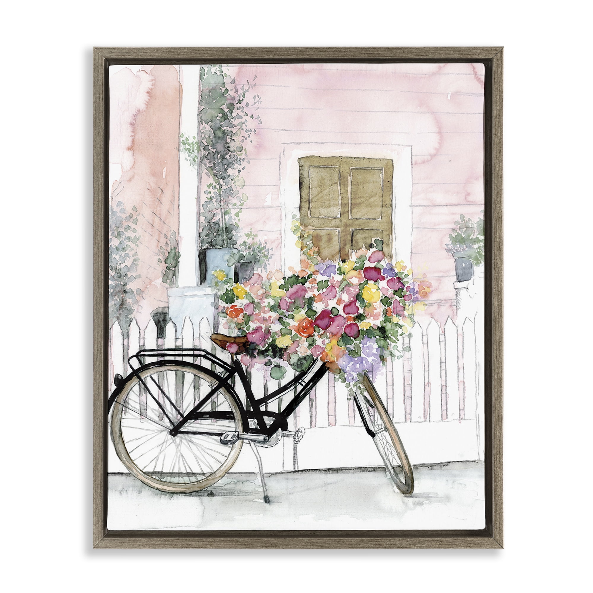 Stupell Industries Watercolor Bicycle Bouquet Botanical & Floral Painting Brown Floater Framed Art Print Wall Art, 17 x 21