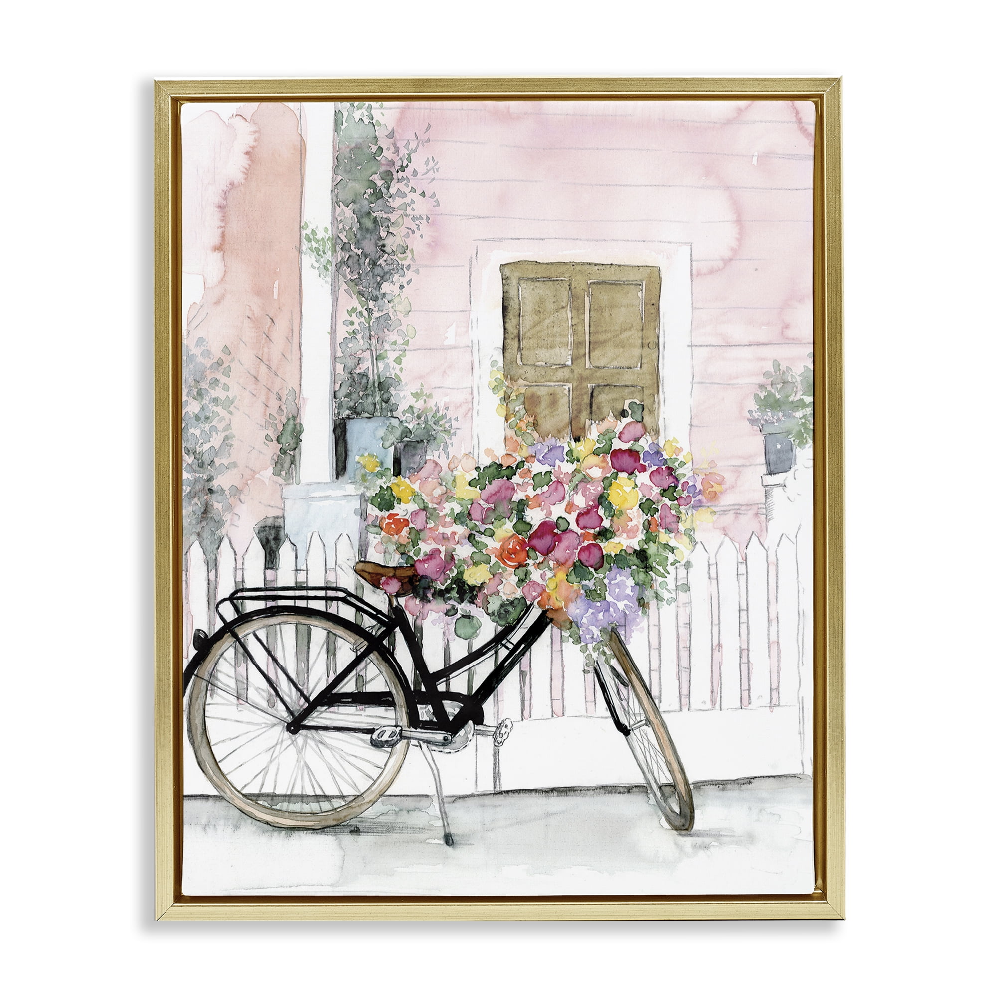 Stupell Industries Watercolor Bicycle Bouquet Botanical & Floral Painting Gold Floater Framed Art Print Wall Art, 17 x 21