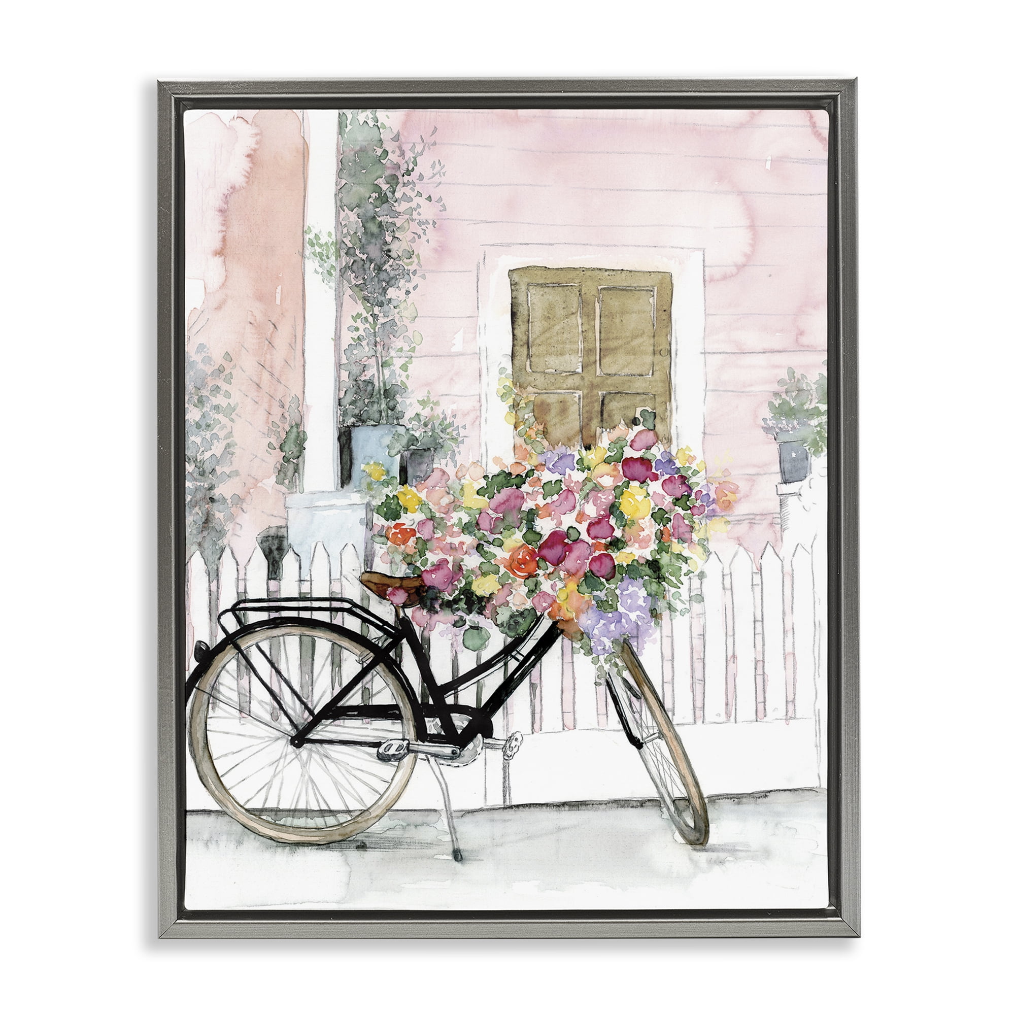 Stupell Industries Watercolor Bicycle Bouquet Botanical & Floral Painting Gray Floater Framed Art Print Wall Art, 17 x 21