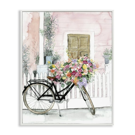 Stupell Industries Watercolor Bicycle Bouquet Botanical & Floral Painting White Framed Art Print Wall Art, 16 x 20