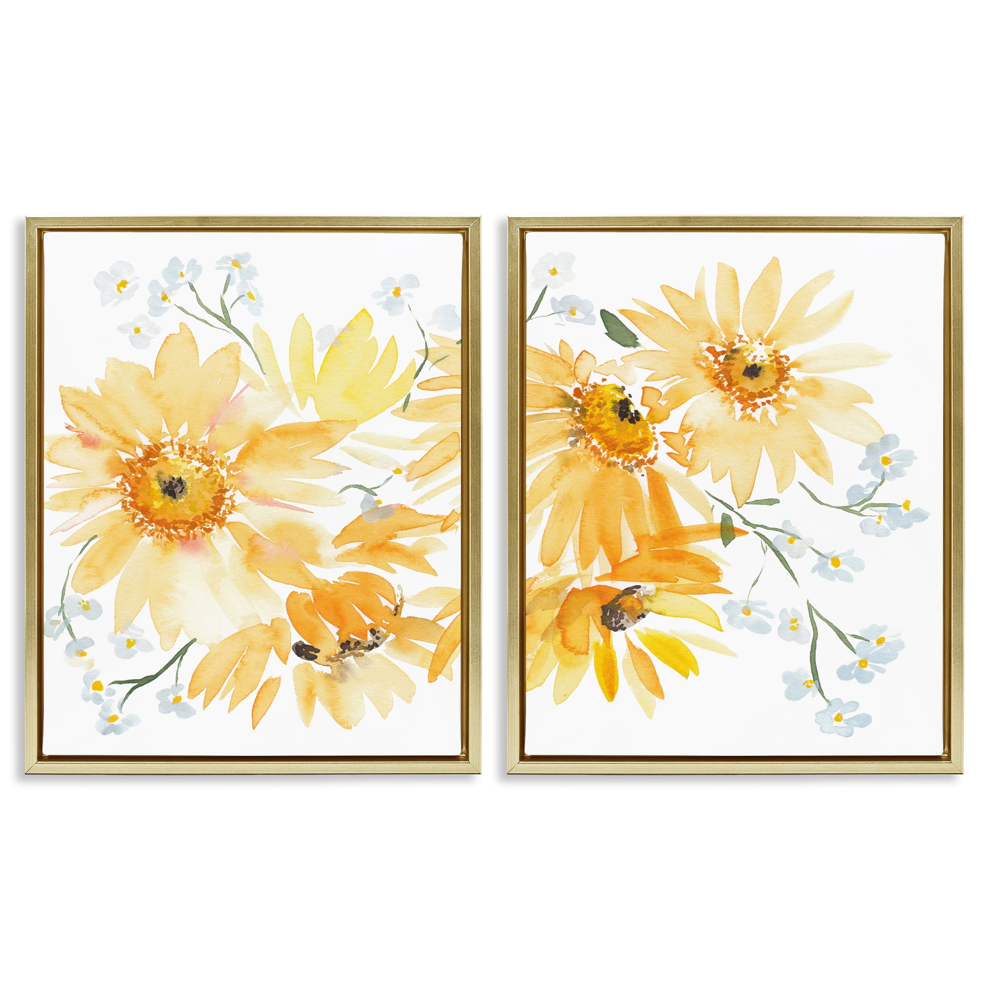 Stupell Industries Watercolor Black Eyed Susans Plants & Flowers Painting Gold Floater Framed Canvas Art Print Wall Art, 17 x 21, Set of 2