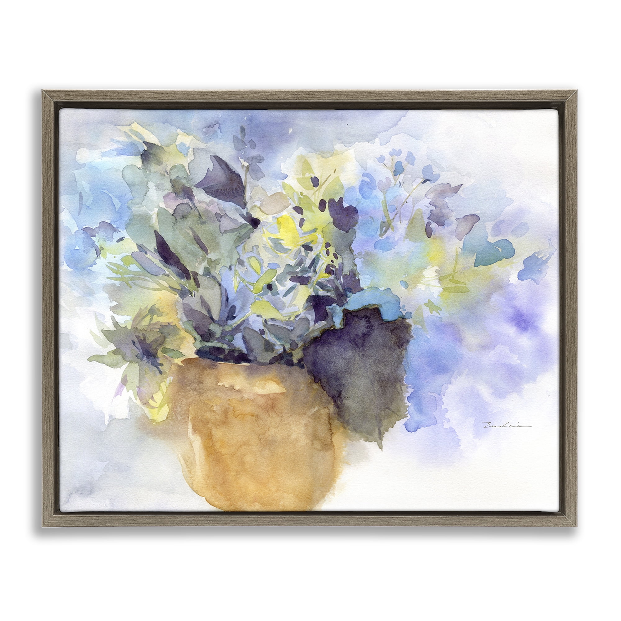 Stupell Industries Watercolor Blue Hydrangea Botanical & Floral Painting Brown Floater Framed Art Print Wall Art, 21 x 17