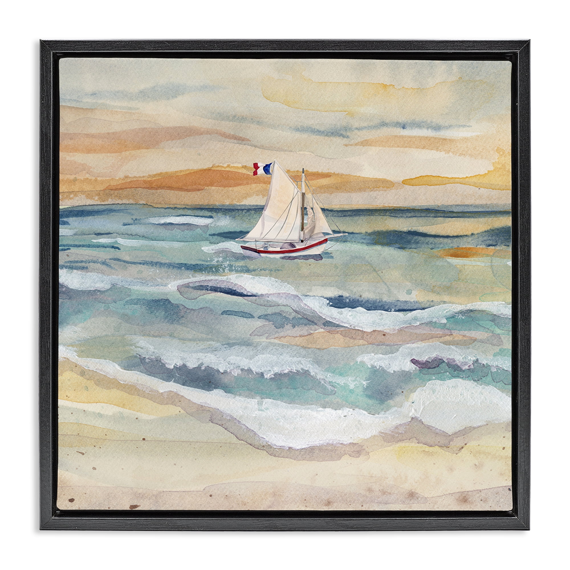 Stupell Industries Watercolor Boat Beach View Transportation Painting Black Floater Framed Canvas Art Print Wall Art, 25 x 25