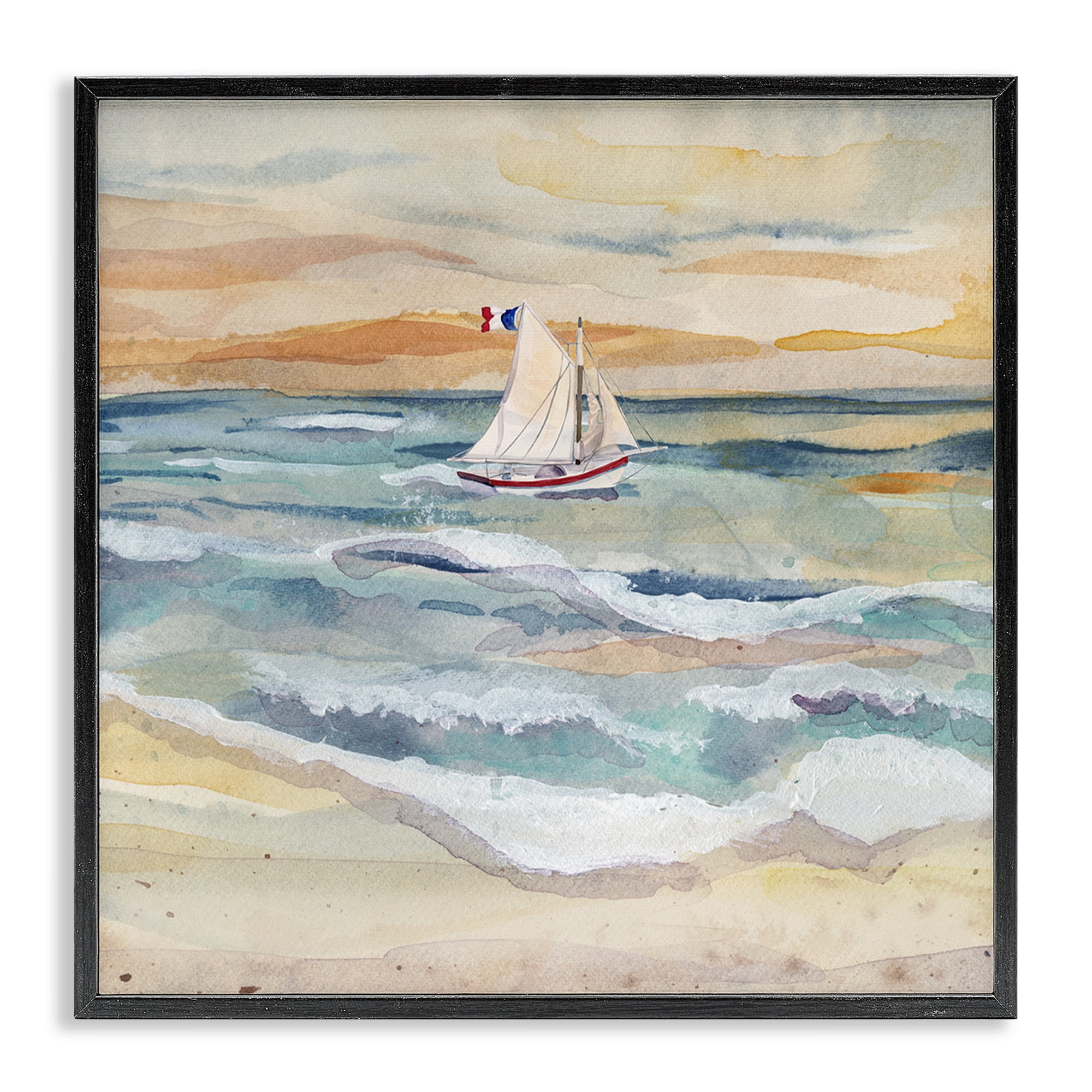 Stupell Industries Watercolor Boat Beach View Transportation Painting Black Framed Art Print Wall Art, 12 x 12