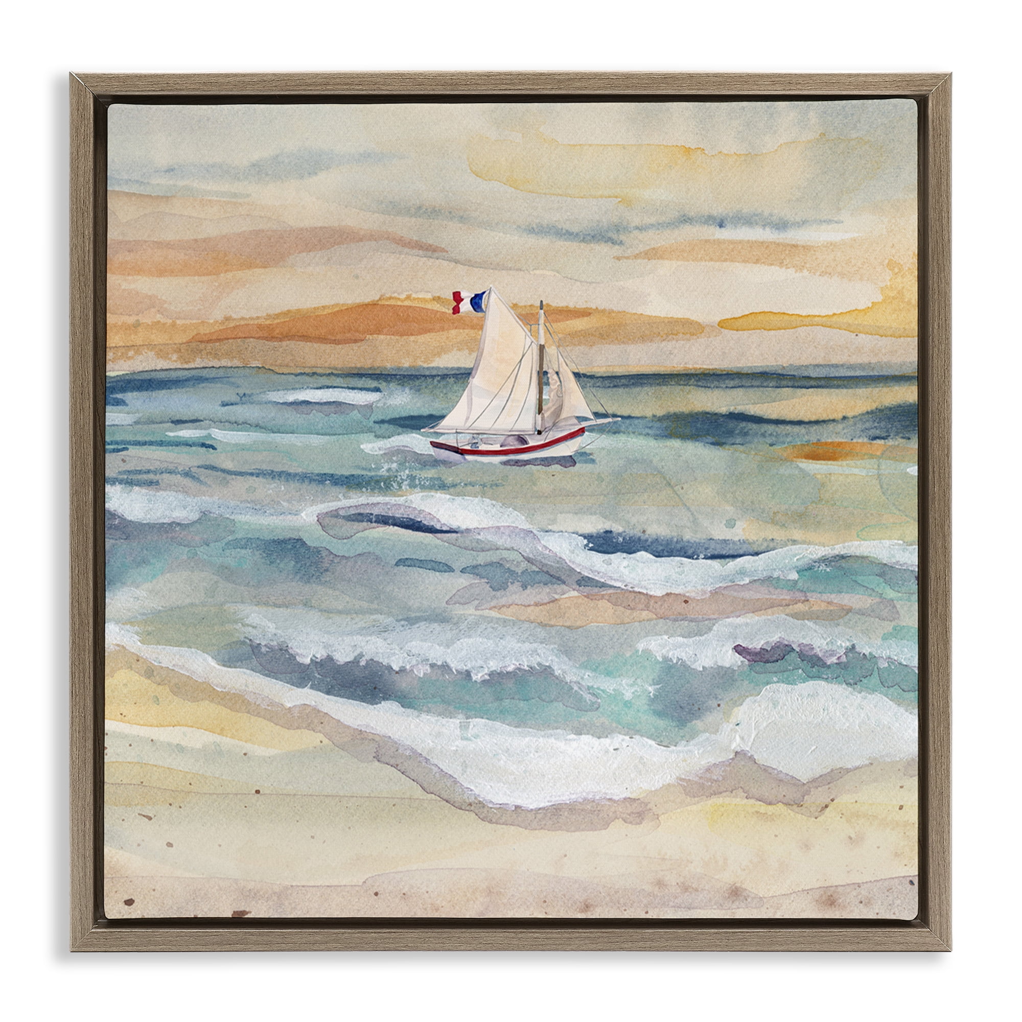 Stupell Industries Watercolor Boat Beach View Transportation Painting Brown Floater Framed Canvas Art Print Wall Art, 25 x 25