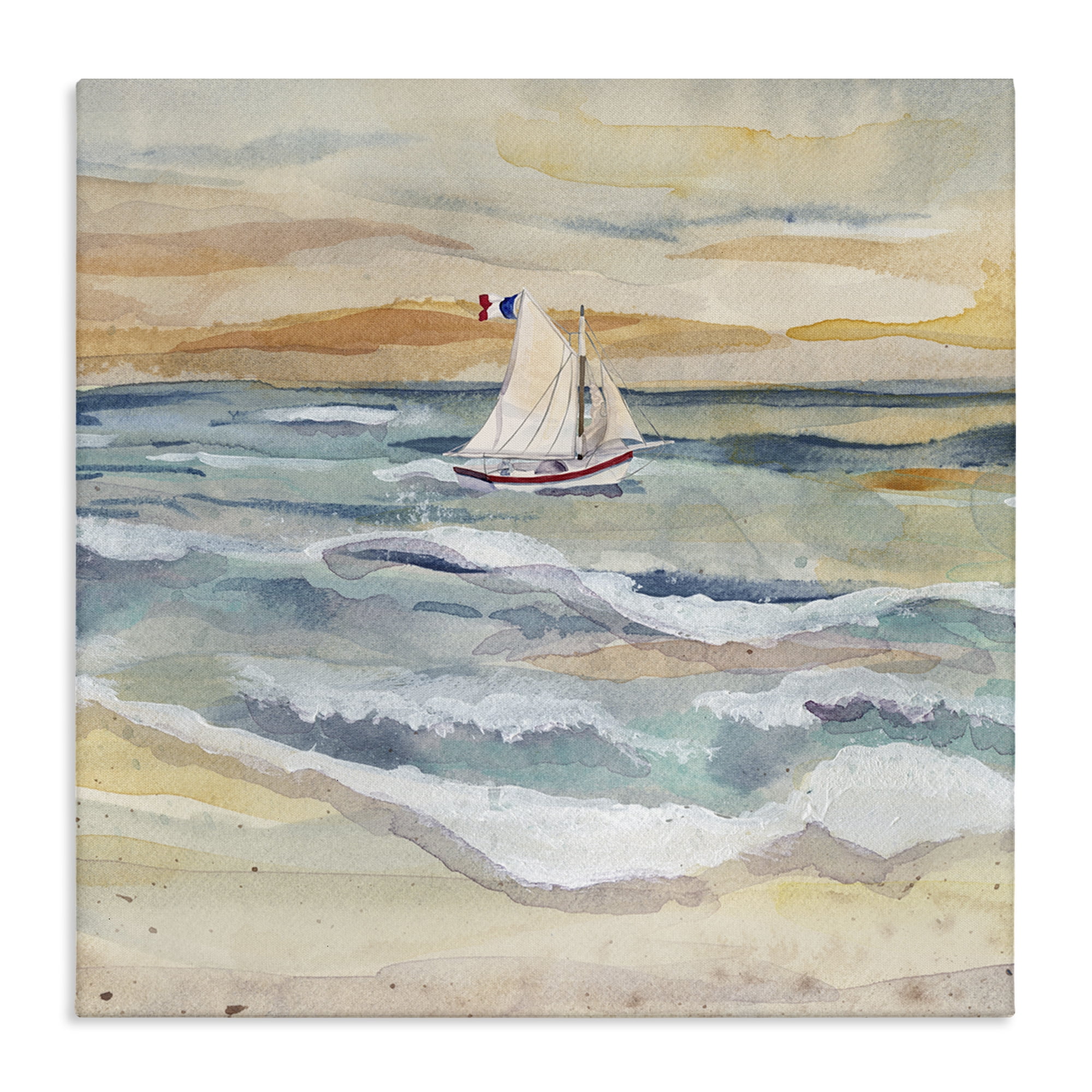 Stupell Industries Watercolor Boat Beach View Transportation Painting Gallery Wrapped Canvas Art Print Wall Art, 17 x 17