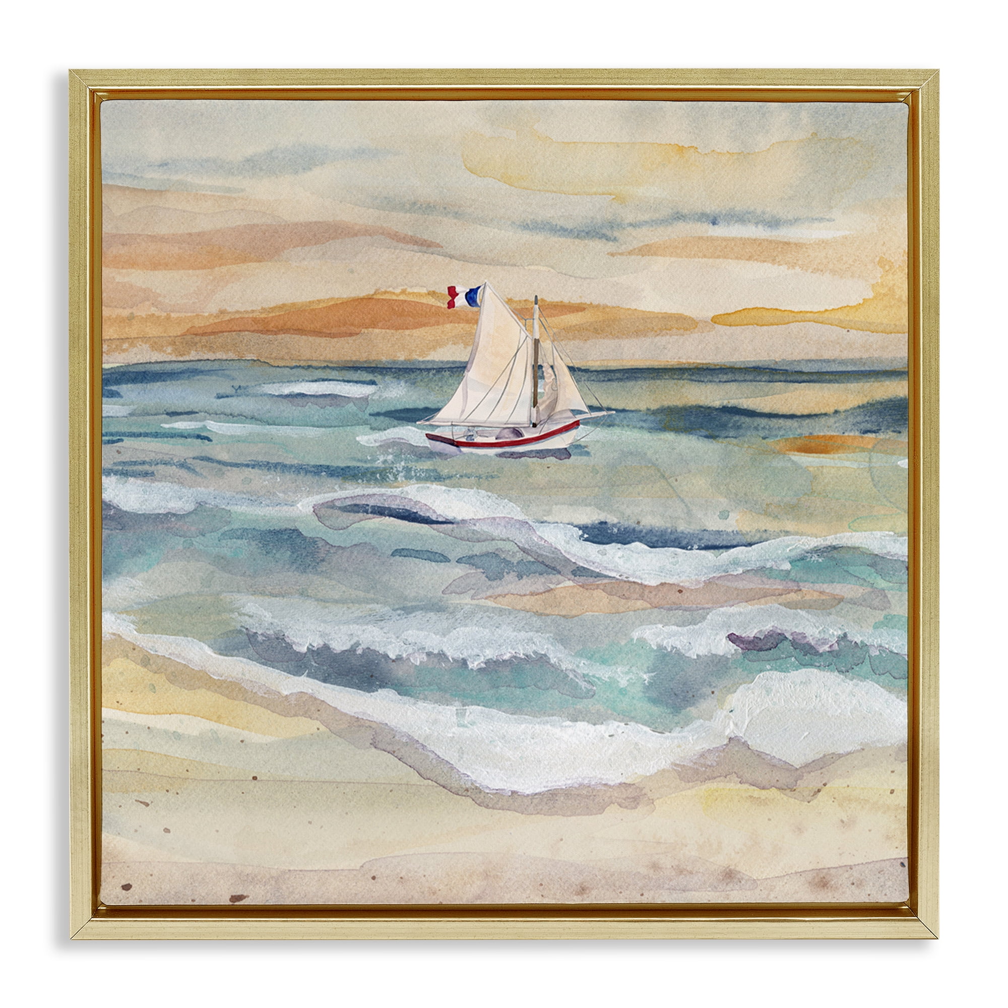 Stupell Industries Watercolor Boat Beach View Transportation Painting Gold Floater Framed Canvas Art Print Wall Art, 25 x 25