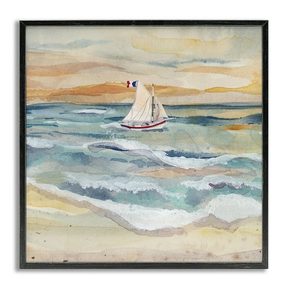 Stupell Industries Watercolor Boat Beach View Transportation Painting Gray Framed Art Print Wall Art, 17 x 17