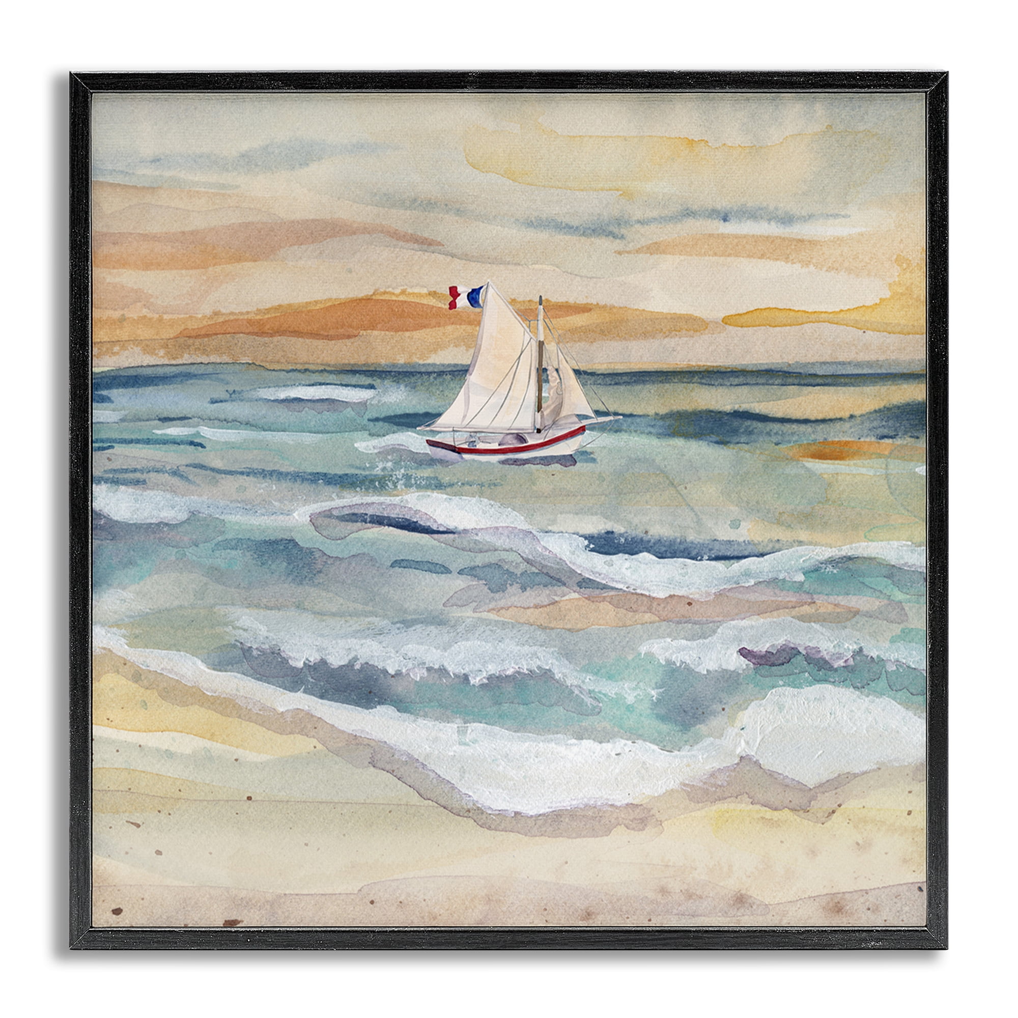 Stupell Industries Watercolor Boat Beach View Transportation Painting Gray Framed Art Print Wall Art, 24 x 24