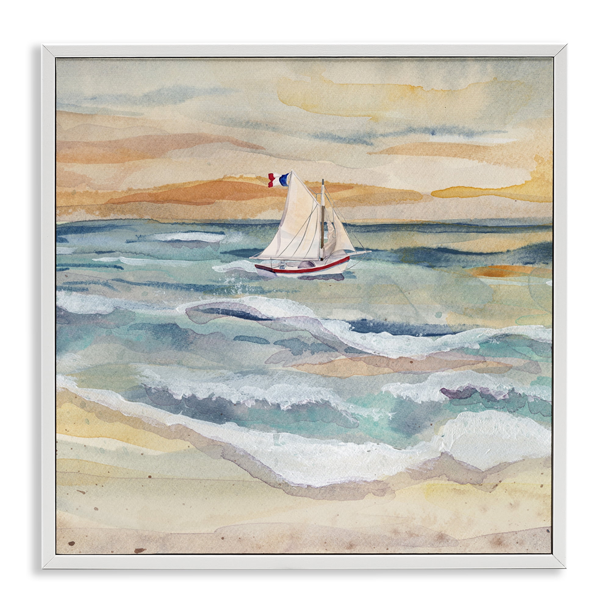 Stupell Industries Watercolor Boat Beach View Transportation Painting White Framed Art Print Wall Art, 24 x 24